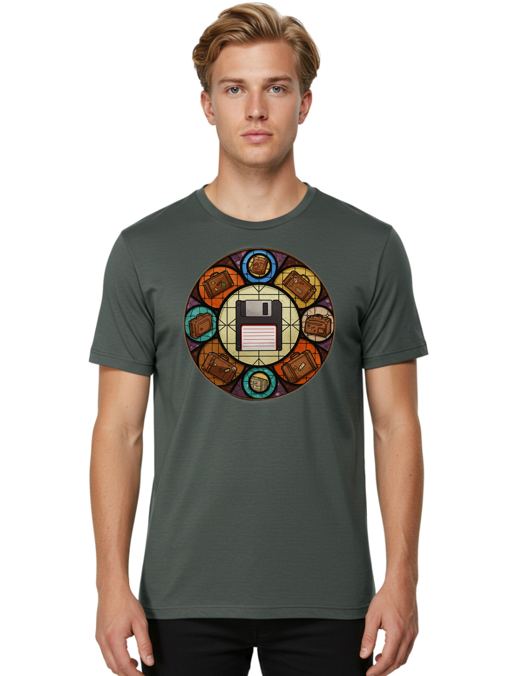 Floppy-Disk-Stained-Glass Men'S Graphic Tee, 100% Cotton, Comfortable Casual Summer Wear, Machine Washable, Vintage Camera, Old Camera, Antique Camera, Black Camera, Classic Photography, Photography Equipment, Nostalgic Device, Film Camera, Bao426