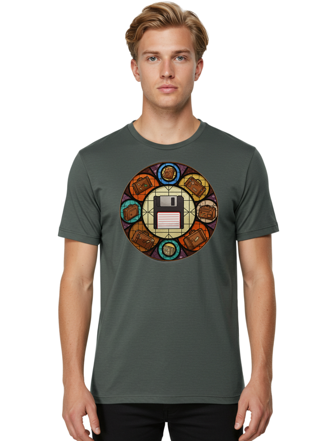Floppy-Disk-Stained-Glass Men'S Graphic Tee, 100% Cotton, Comfortable Casual Summer Wear, Machine Washable, Vintage Camera, Old Camera, Antique Camera, Black Camera, Classic Photography, Photography Equipment, Nostalgic Device, Film Camera, Bao426