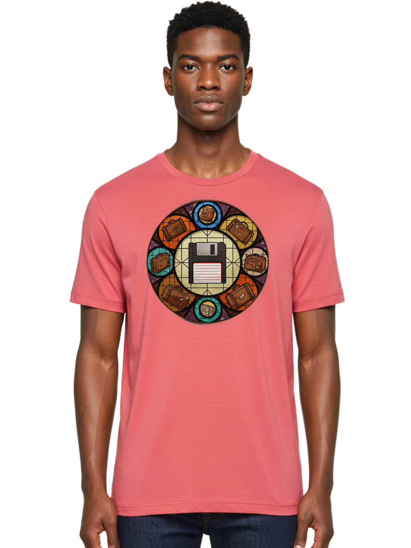 Floppy-Disk-Stained-Glass Men'S Graphic Tee, 100% Cotton, Comfortable Casual Summer Wear, Machine Washable, Vintage Camera, Old Camera, Antique Camera, Black Camera, Classic Photography, Photography Equipment, Nostalgic Device, Film Camera, Bao426