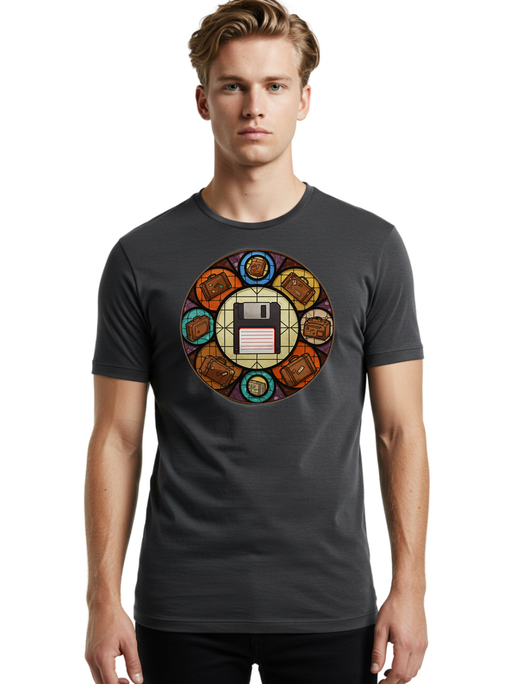 Floppy-Disk-Stained-Glass Men'S Graphic Tee, 100% Cotton, Comfortable Casual Summer Wear, Machine Washable, Vintage Camera, Old Camera, Antique Camera, Black Camera, Classic Photography, Photography Equipment, Nostalgic Device, Film Camera, Bao426