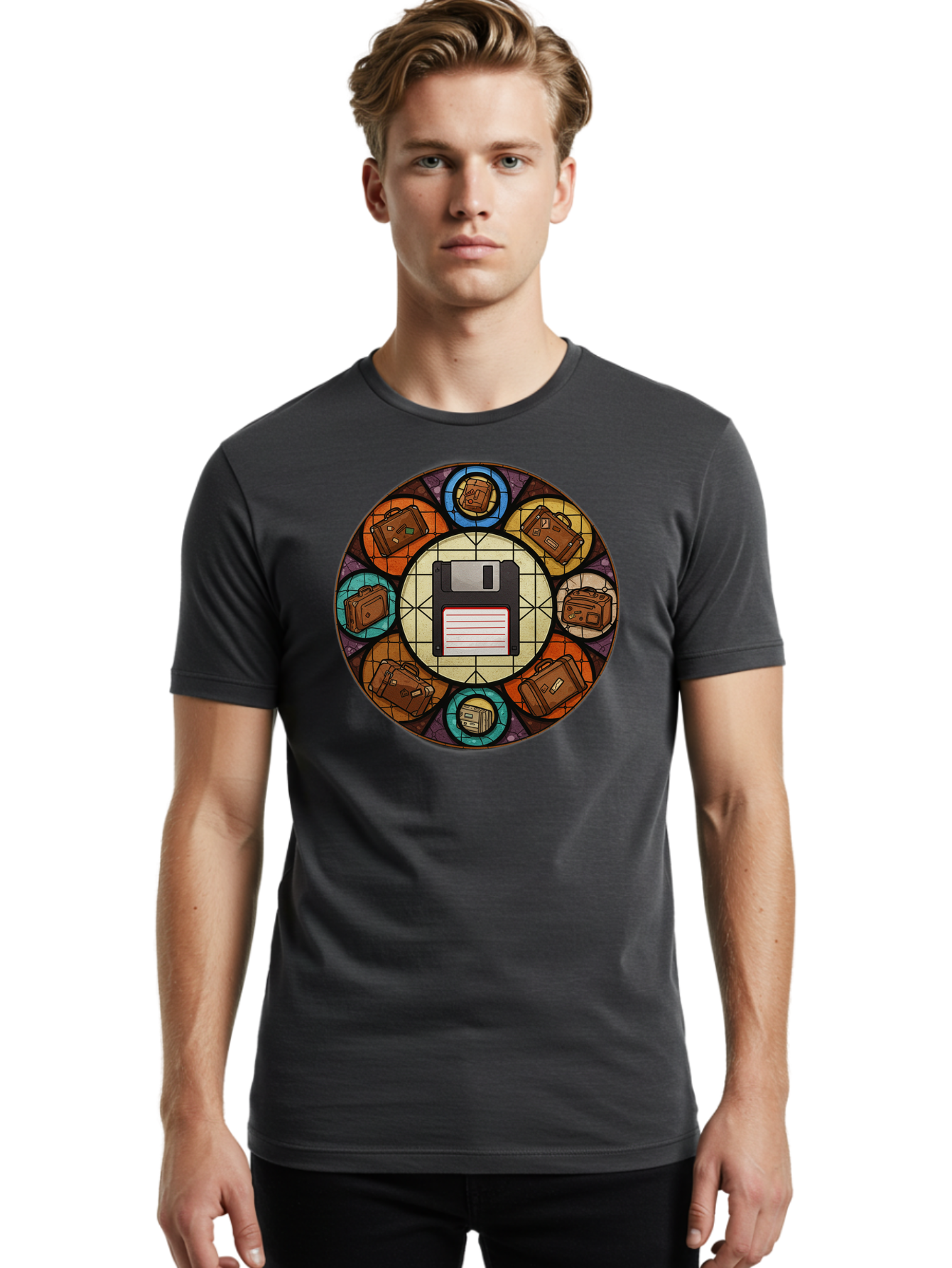Floppy-Disk-Stained-Glass Men'S Graphic Tee, 100% Cotton, Comfortable Casual Summer Wear, Machine Washable, Vintage Camera, Old Camera, Antique Camera, Black Camera, Classic Photography, Photography Equipment, Nostalgic Device, Film Camera, Bao426
