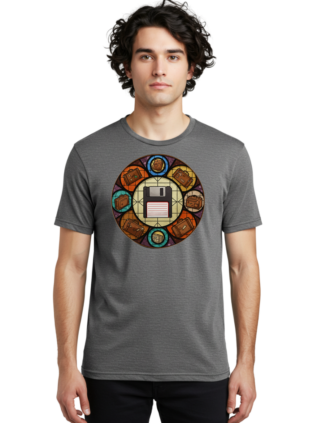 Floppy-Disk-Stained-Glass Men'S Graphic Tee, 100% Cotton, Comfortable Casual Summer Wear, Machine Washable, Vintage Camera, Old Camera, Antique Camera, Black Camera, Classic Photography, Photography Equipment, Nostalgic Device, Film Camera, Bao426