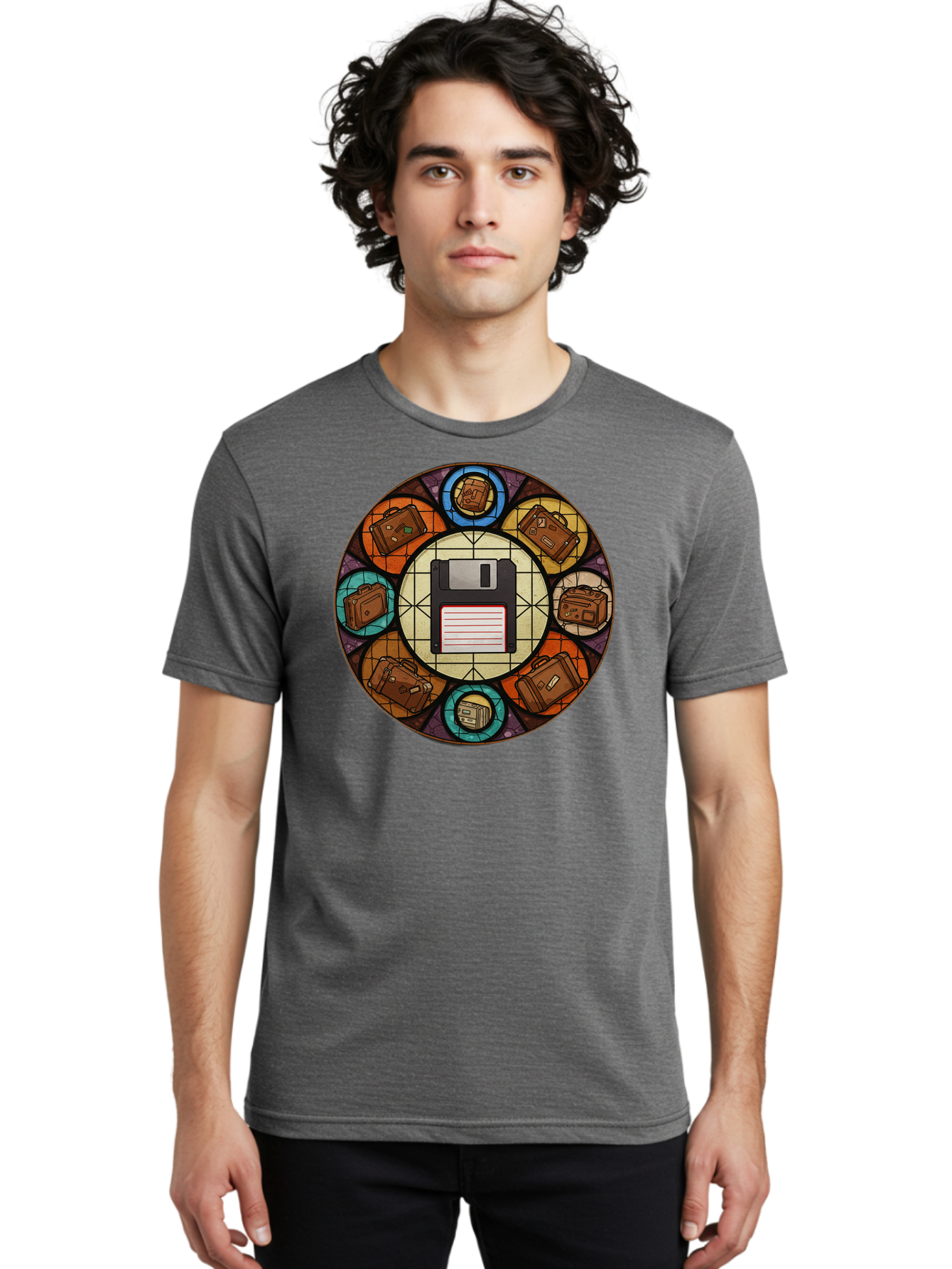 Floppy-Disk-Stained-Glass Men'S Graphic Tee, 100% Cotton, Comfortable Casual Summer Wear, Machine Washable, Vintage Camera, Old Camera, Antique Camera, Black Camera, Classic Photography, Photography Equipment, Nostalgic Device, Film Camera, Bao426