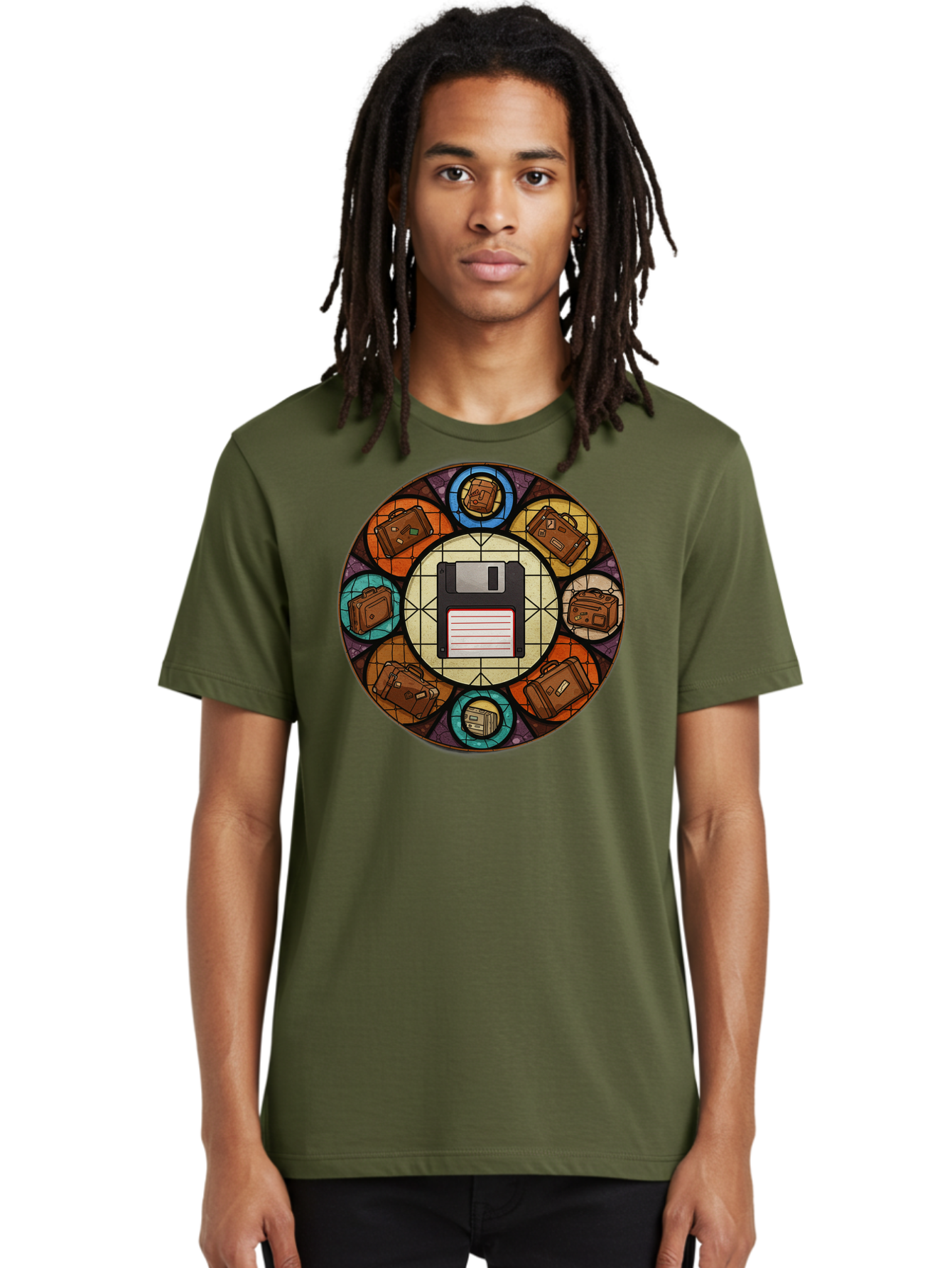 Floppy-Disk-Stained-Glass Men'S Graphic Tee, 100% Cotton, Comfortable Casual Summer Wear, Machine Washable, Vintage Camera, Old Camera, Antique Camera, Black Camera, Classic Photography, Photography Equipment, Nostalgic Device, Film Camera, Bao426