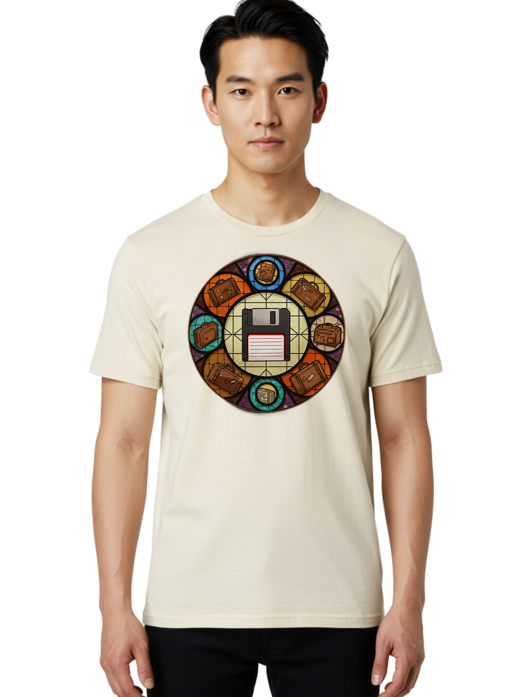 Floppy-Disk-Stained-Glass Men'S Graphic Tee, 100% Cotton, Comfortable Casual Summer Wear, Machine Washable, Vintage Camera, Old Camera, Antique Camera, Black Camera, Classic Photography, Photography Equipment, Nostalgic Device, Film Camera, Bao426