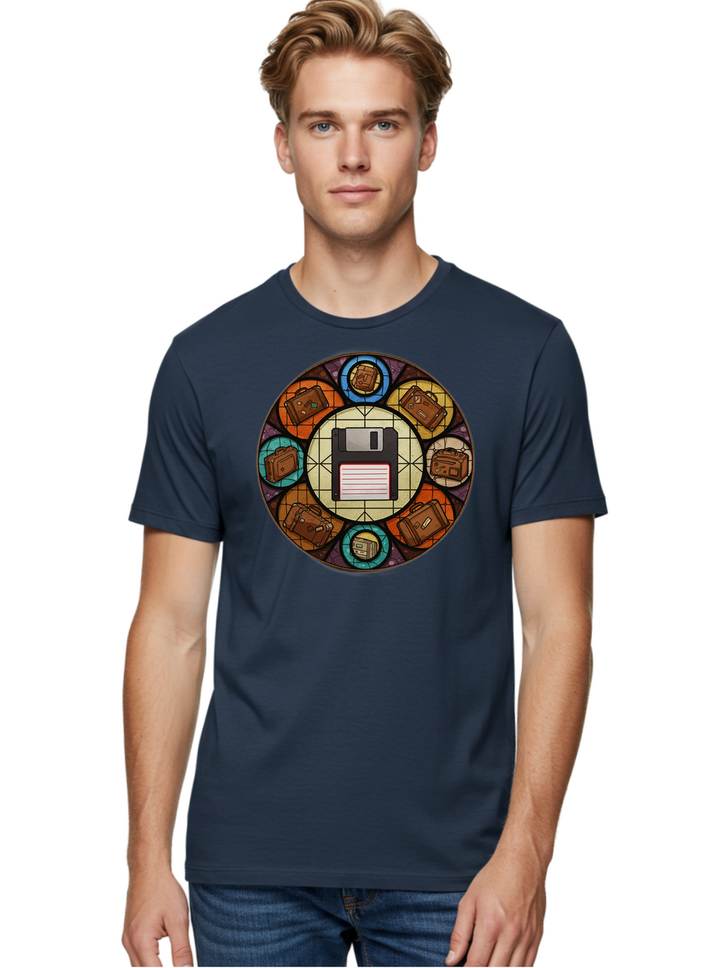 Floppy-Disk-Stained-Glass Men'S Graphic Tee, 100% Cotton, Comfortable Casual Summer Wear, Machine Washable, Vintage Camera, Old Camera, Antique Camera, Black Camera, Classic Photography, Photography Equipment, Nostalgic Device, Film Camera, Bao426