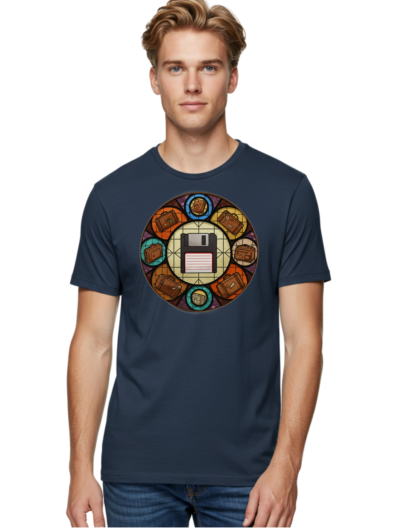 Floppy-Disk-Stained-Glass Men'S Graphic Tee, 100% Cotton, Comfortable Casual Summer Wear, Machine Washable, Vintage Camera, Old Camera, Antique Camera, Black Camera, Classic Photography, Photography Equipment, Nostalgic Device, Film Camera, Bao426
