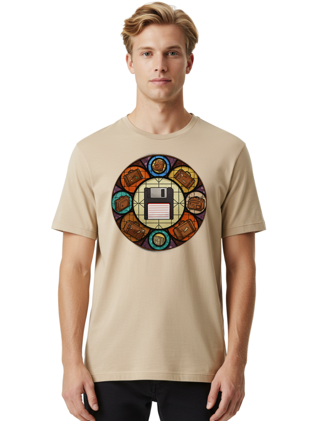 Floppy-Disk-Stained-Glass Men'S Graphic Tee, 100% Cotton, Comfortable Casual Summer Wear, Machine Washable, Vintage Camera, Old Camera, Antique Camera, Black Camera, Classic Photography, Photography Equipment, Nostalgic Device, Film Camera, Bao426