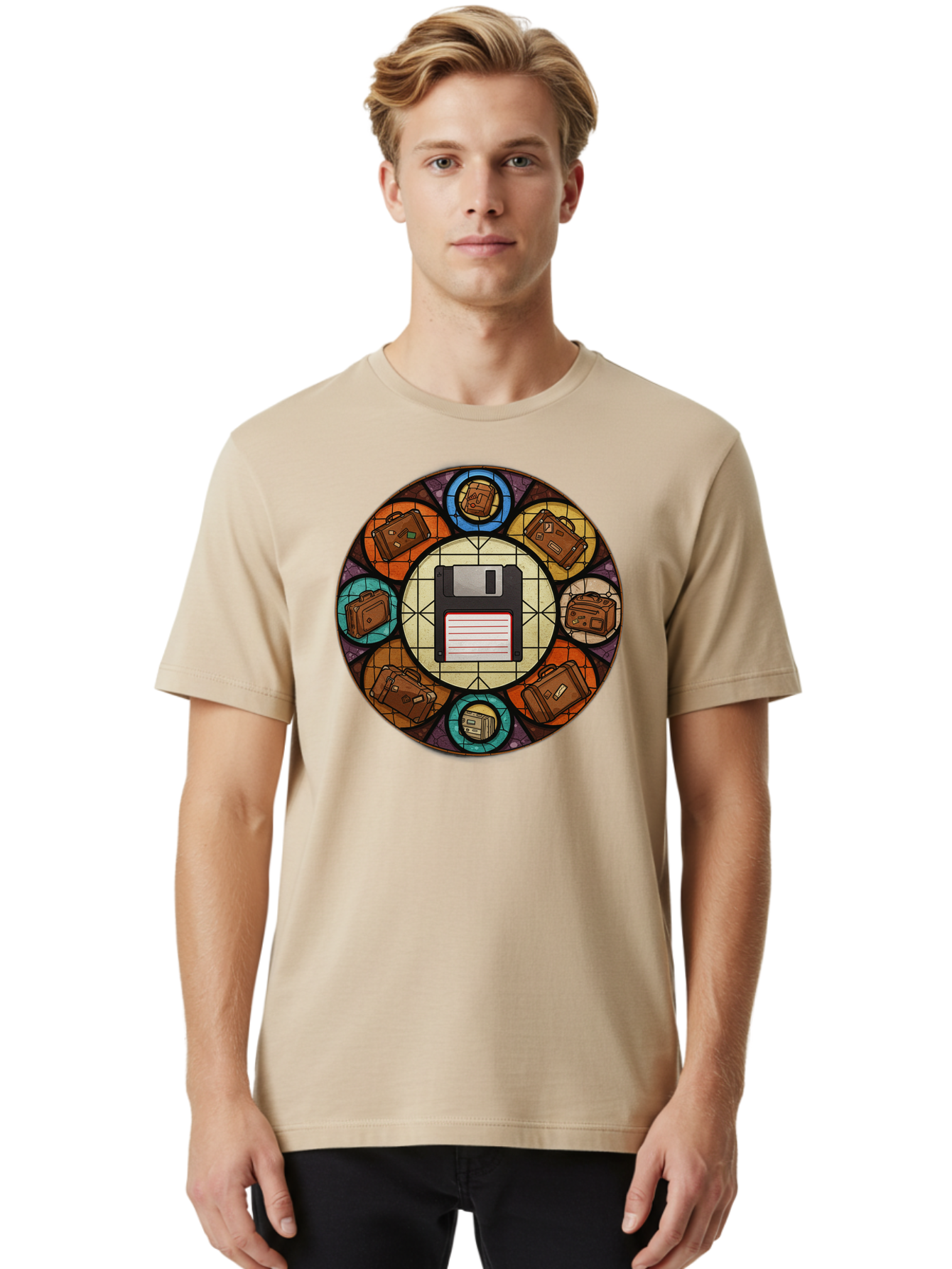 Floppy-Disk-Stained-Glass Men'S Graphic Tee, 100% Cotton, Comfortable Casual Summer Wear, Machine Washable, Vintage Camera, Old Camera, Antique Camera, Black Camera, Classic Photography, Photography Equipment, Nostalgic Device, Film Camera, Bao426