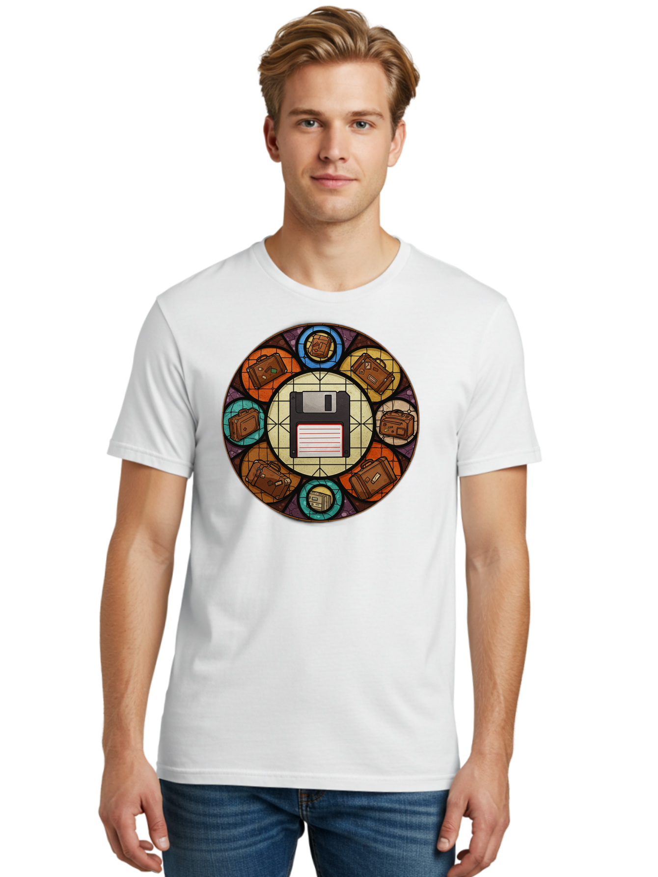 Floppy-Disk-Stained-Glass Men'S Graphic Tee, 100% Cotton, Comfortable Casual Summer Wear, Machine Washable, Vintage Camera, Old Camera, Antique Camera, Black Camera, Classic Photography, Photography Equipment, Nostalgic Device, Film Camera, Bao426