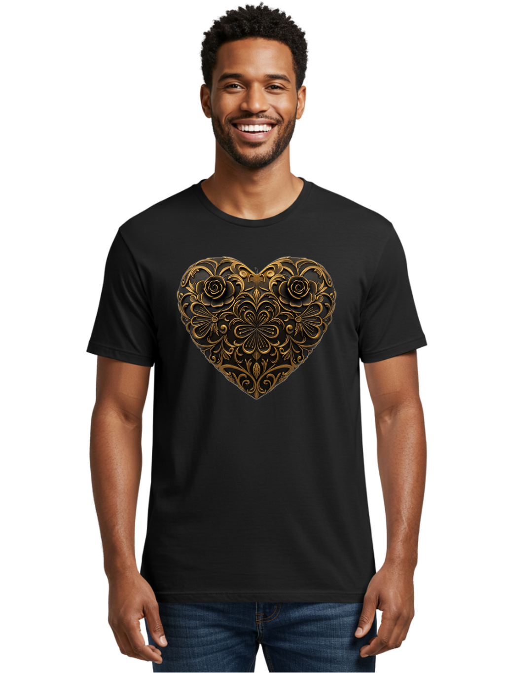Gold-Floral-Heart Men'S Graphic Tee, 100% Cotton, Comfortable Casual Summer Wear, Machine Washable, Vintage Camera, Old Camera, Antique Camera, Black Camera, Classic Photography, Photography Equipment, Nostalgic Device, Film Camera, Camera Art Bao495