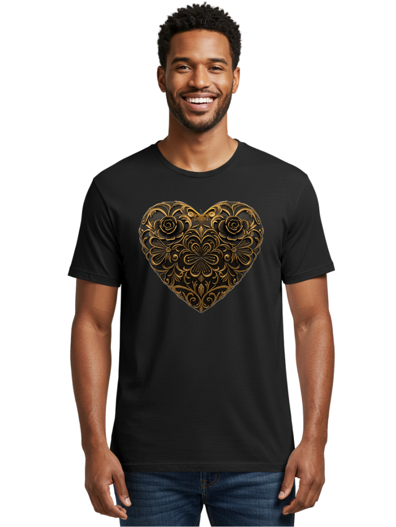Gold-Floral-Heart Men'S Graphic Tee, 100% Cotton, Comfortable Casual Summer Wear, Machine Washable, Vintage Camera, Old Camera, Antique Camera, Black Camera, Classic Photography, Photography Equipment, Nostalgic Device, Film Camera, Camera Art Bao495