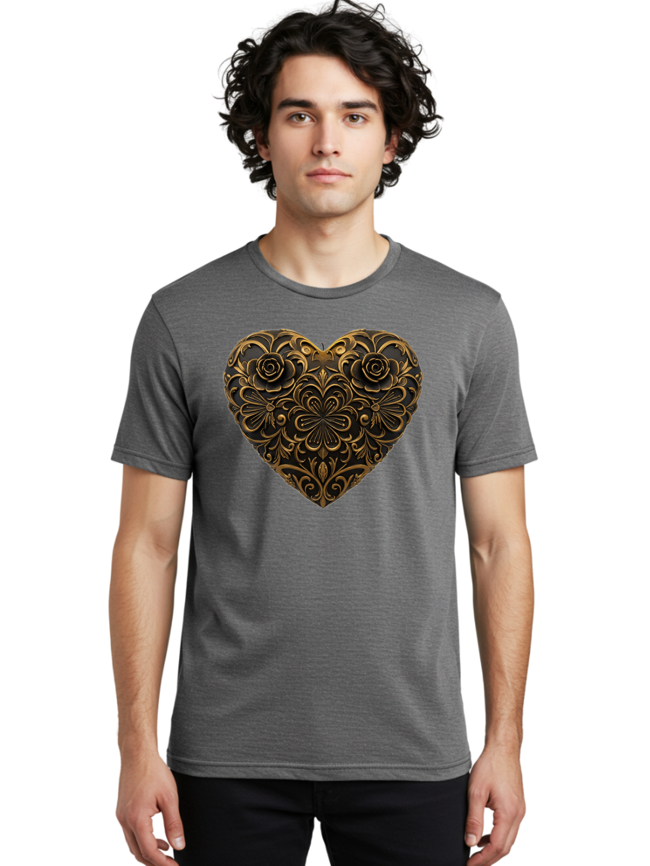 Gold-Floral-Heart Men'S Graphic Tee, 100% Cotton, Comfortable Casual Summer Wear, Machine Washable, Vintage Camera, Old Camera, Antique Camera, Black Camera, Classic Photography, Photography Equipment, Nostalgic Device, Film Camera, Camera Art Bao495