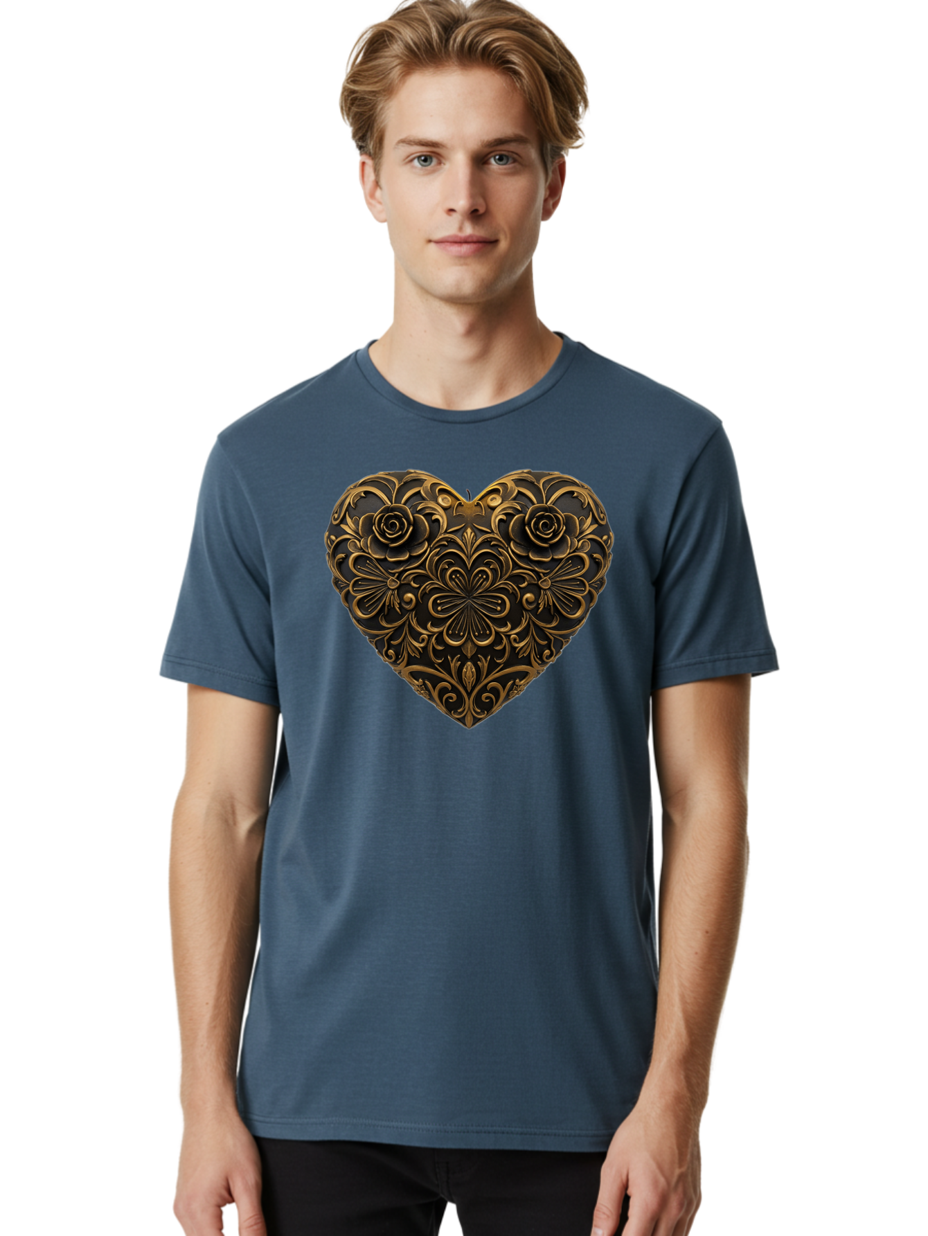 Gold-Floral-Heart Men'S Graphic Tee, 100% Cotton, Comfortable Casual Summer Wear, Machine Washable, Vintage Camera, Old Camera, Antique Camera, Black Camera, Classic Photography, Photography Equipment, Nostalgic Device, Film Camera, Camera Art Bao495