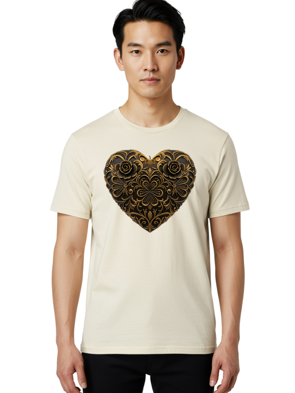Gold-Floral-Heart Men'S Graphic Tee, 100% Cotton, Comfortable Casual Summer Wear, Machine Washable, Vintage Camera, Old Camera, Antique Camera, Black Camera, Classic Photography, Photography Equipment, Nostalgic Device, Film Camera, Camera Art Bao495