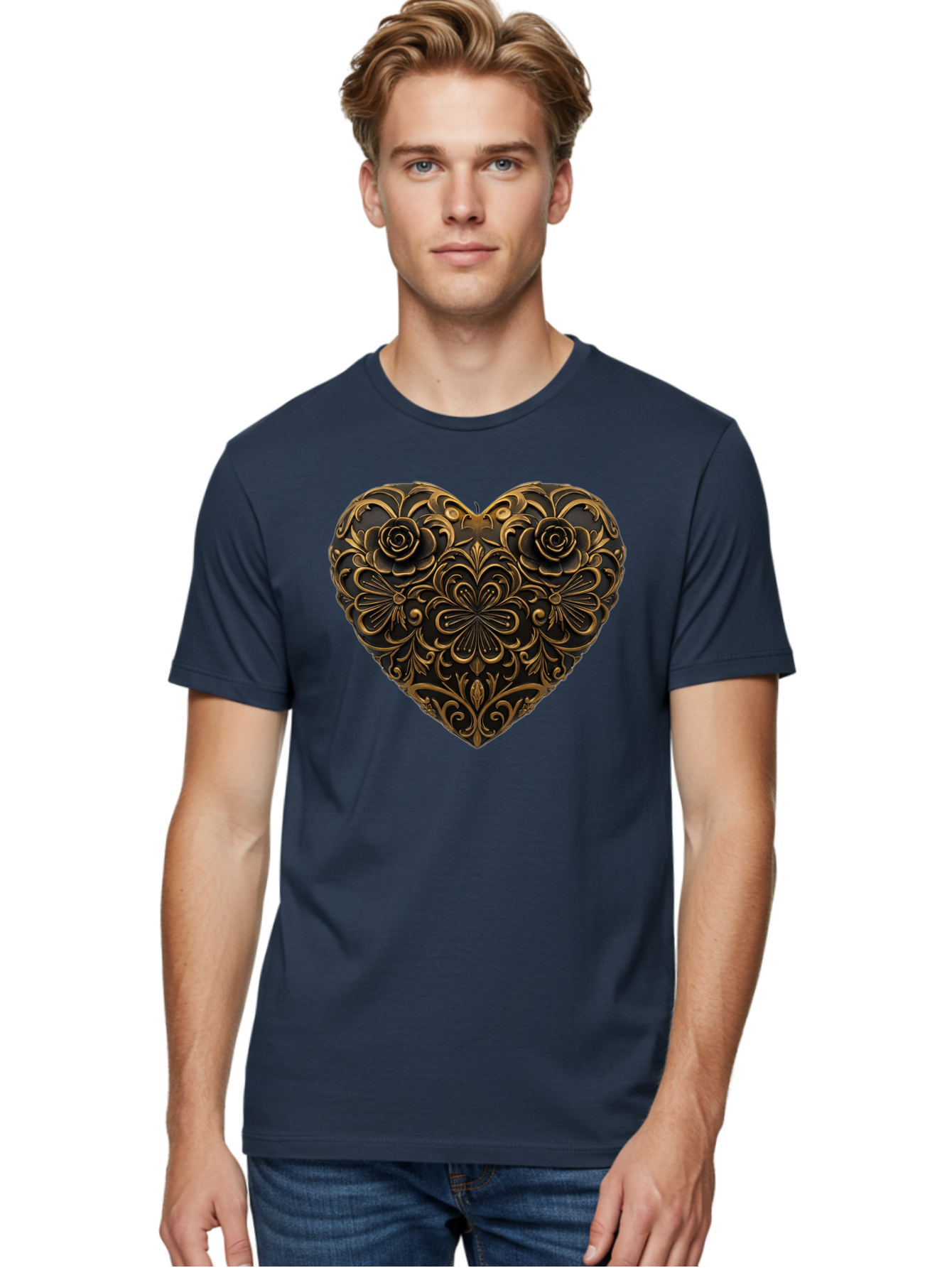 Gold-Floral-Heart Men'S Graphic Tee, 100% Cotton, Comfortable Casual Summer Wear, Machine Washable, Vintage Camera, Old Camera, Antique Camera, Black Camera, Classic Photography, Photography Equipment, Nostalgic Device, Film Camera, Camera Art Bao495