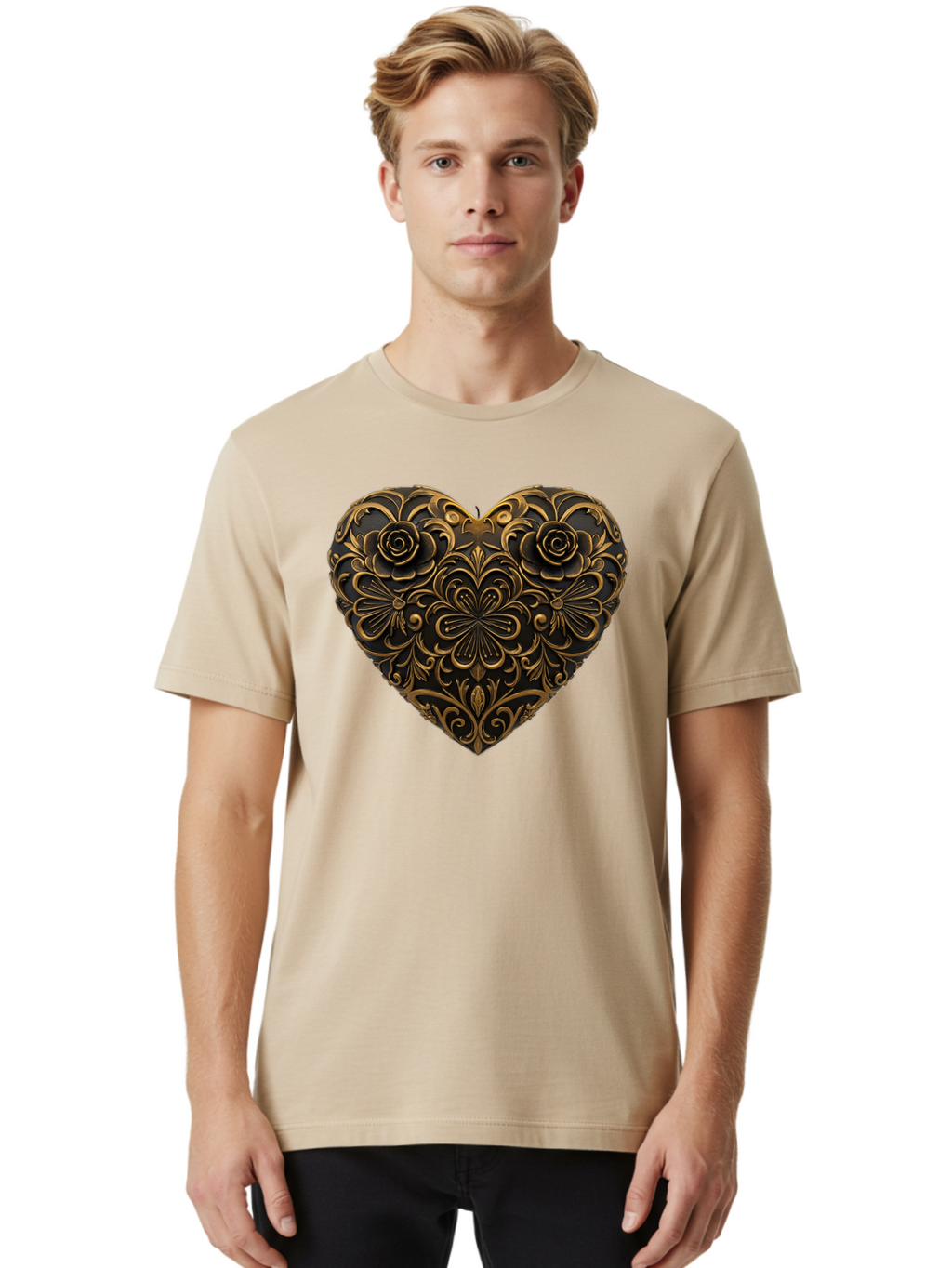 Gold-Floral-Heart Men'S Graphic Tee, 100% Cotton, Comfortable Casual Summer Wear, Machine Washable, Vintage Camera, Old Camera, Antique Camera, Black Camera, Classic Photography, Photography Equipment, Nostalgic Device, Film Camera, Camera Art Bao495