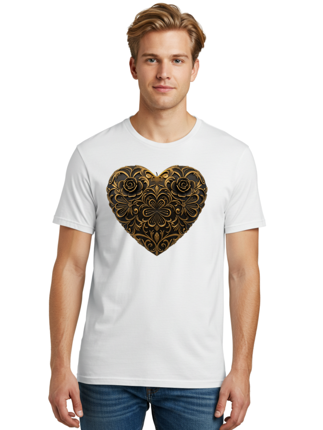 Gold-Floral-Heart Men'S Graphic Tee, 100% Cotton, Comfortable Casual Summer Wear, Machine Washable, Vintage Camera, Old Camera, Antique Camera, Black Camera, Classic Photography, Photography Equipment, Nostalgic Device, Film Camera, Camera Art Bao495