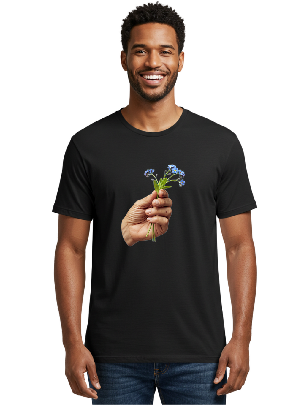Hand-Holding-Blue-Flowers Men'S Graphic Tee, 100% Cotton, Comfortable Casual Summer Wear, Machine Washable, Vintage Camera, Old Camera, Antique Camera, Black Camera, Classic Photography, Photography Equipment, Nostalgic Device, Film Camera, Bao505