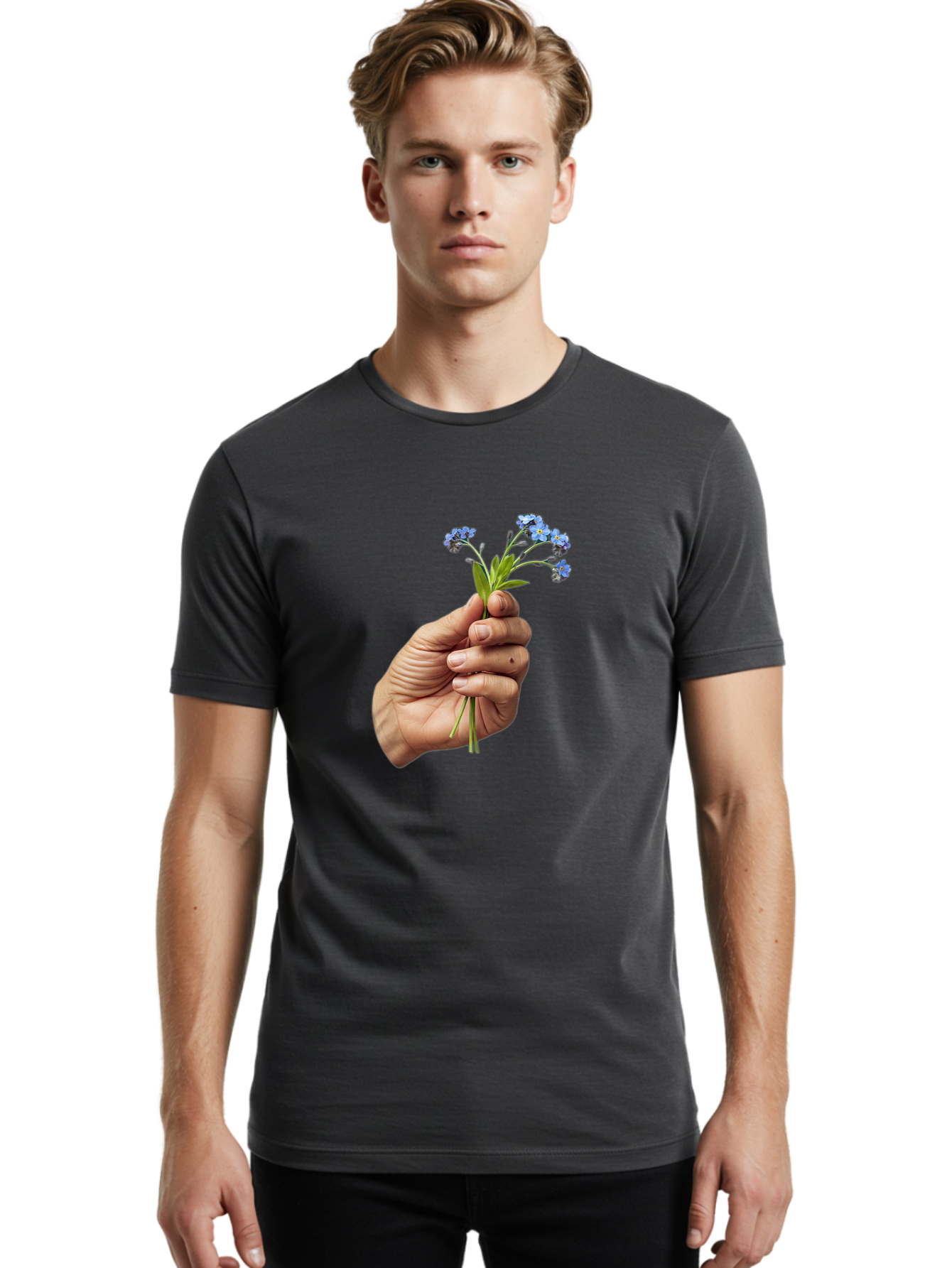 Hand-Holding-Blue-Flowers Men'S Graphic Tee, 100% Cotton, Comfortable Casual Summer Wear, Machine Washable, Vintage Camera, Old Camera, Antique Camera, Black Camera, Classic Photography, Photography Equipment, Nostalgic Device, Film Camera, Bao505