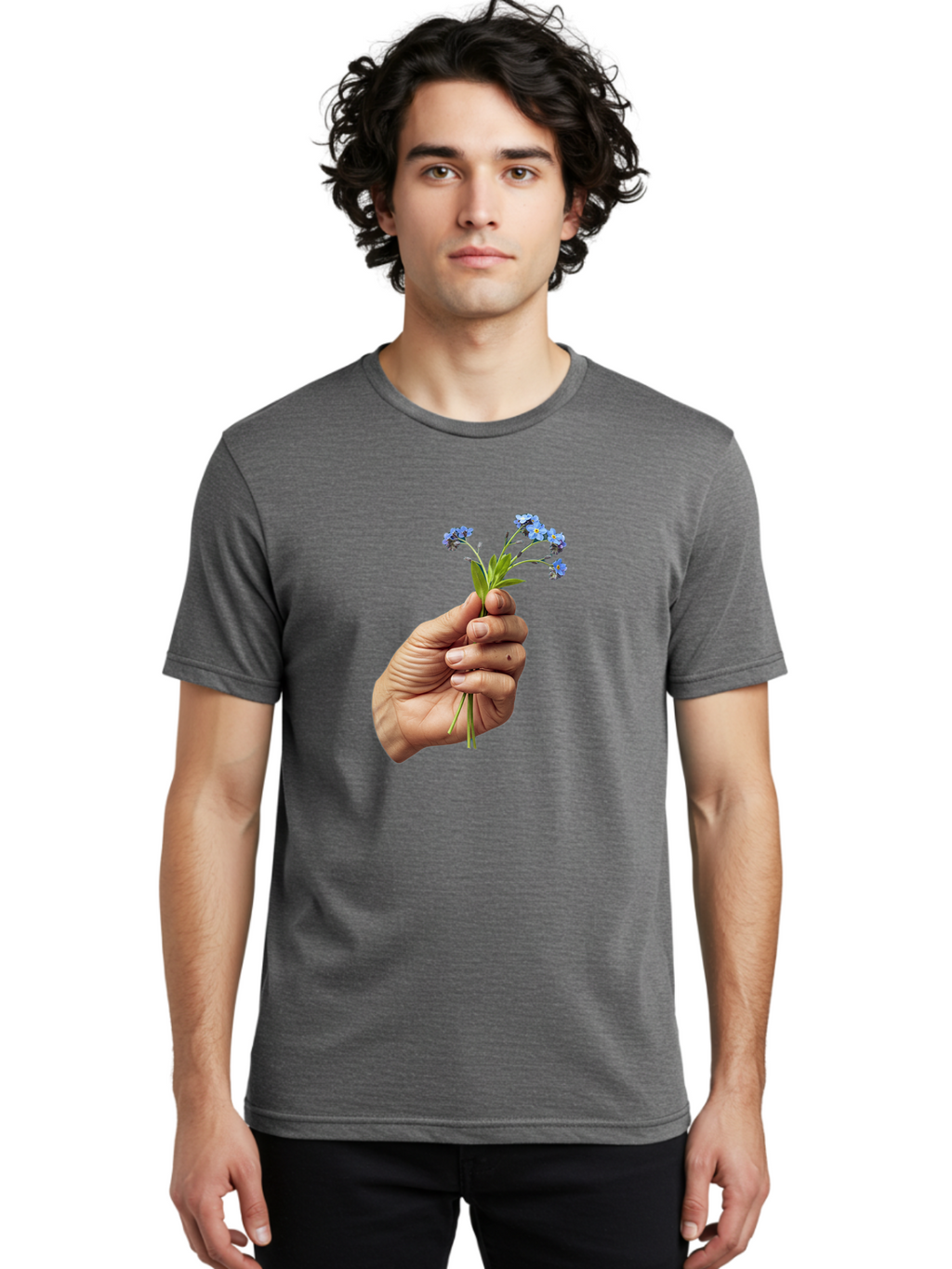 Hand-Holding-Blue-Flowers Men'S Graphic Tee, 100% Cotton, Comfortable Casual Summer Wear, Machine Washable, Vintage Camera, Old Camera, Antique Camera, Black Camera, Classic Photography, Photography Equipment, Nostalgic Device, Film Camera, Bao505