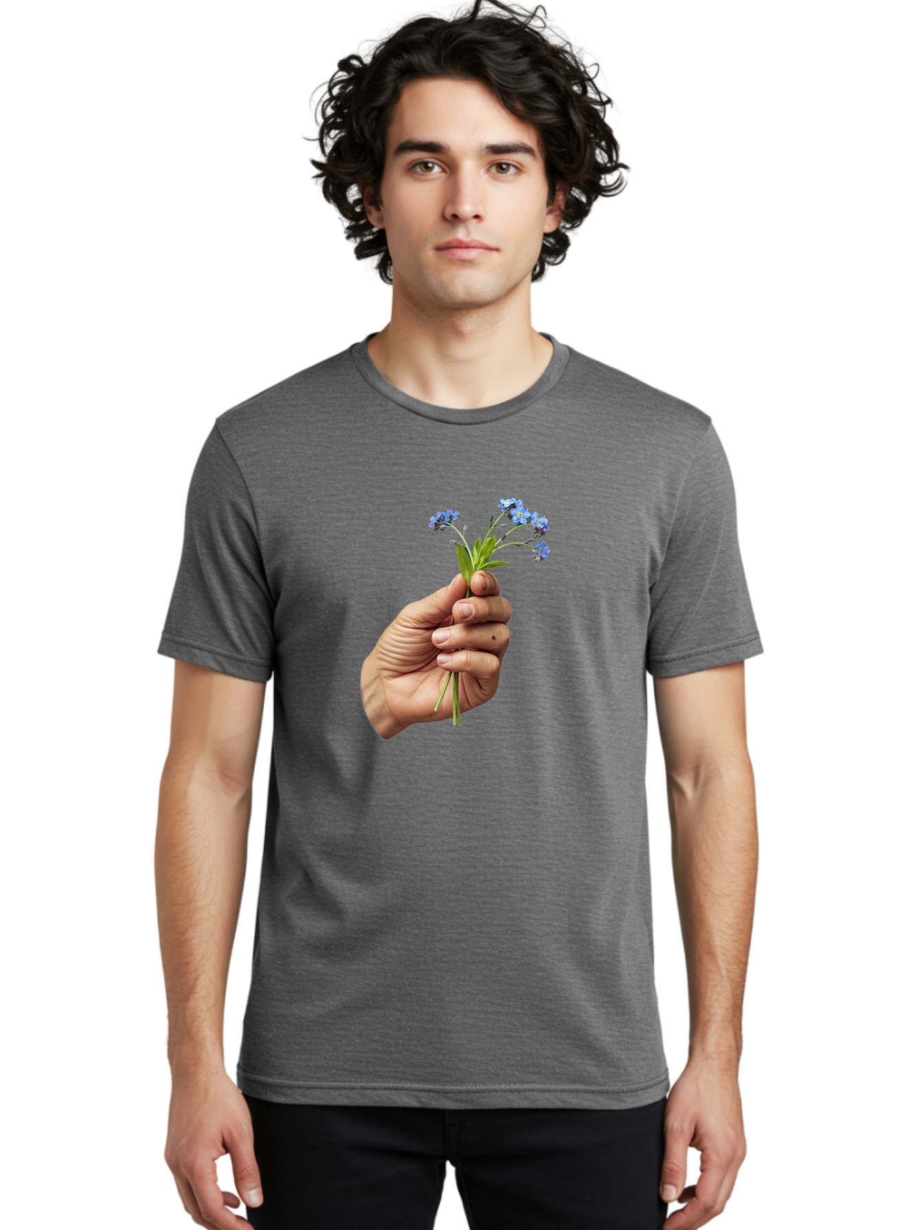 Hand-Holding-Blue-Flowers Men'S Graphic Tee, 100% Cotton, Comfortable Casual Summer Wear, Machine Washable, Vintage Camera, Old Camera, Antique Camera, Black Camera, Classic Photography, Photography Equipment, Nostalgic Device, Film Camera, Bao505