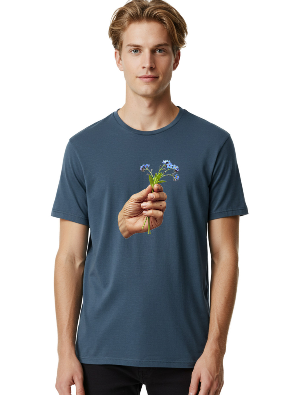 Hand-Holding-Blue-Flowers Men'S Graphic Tee, 100% Cotton, Comfortable Casual Summer Wear, Machine Washable, Vintage Camera, Old Camera, Antique Camera, Black Camera, Classic Photography, Photography Equipment, Nostalgic Device, Film Camera, Bao505