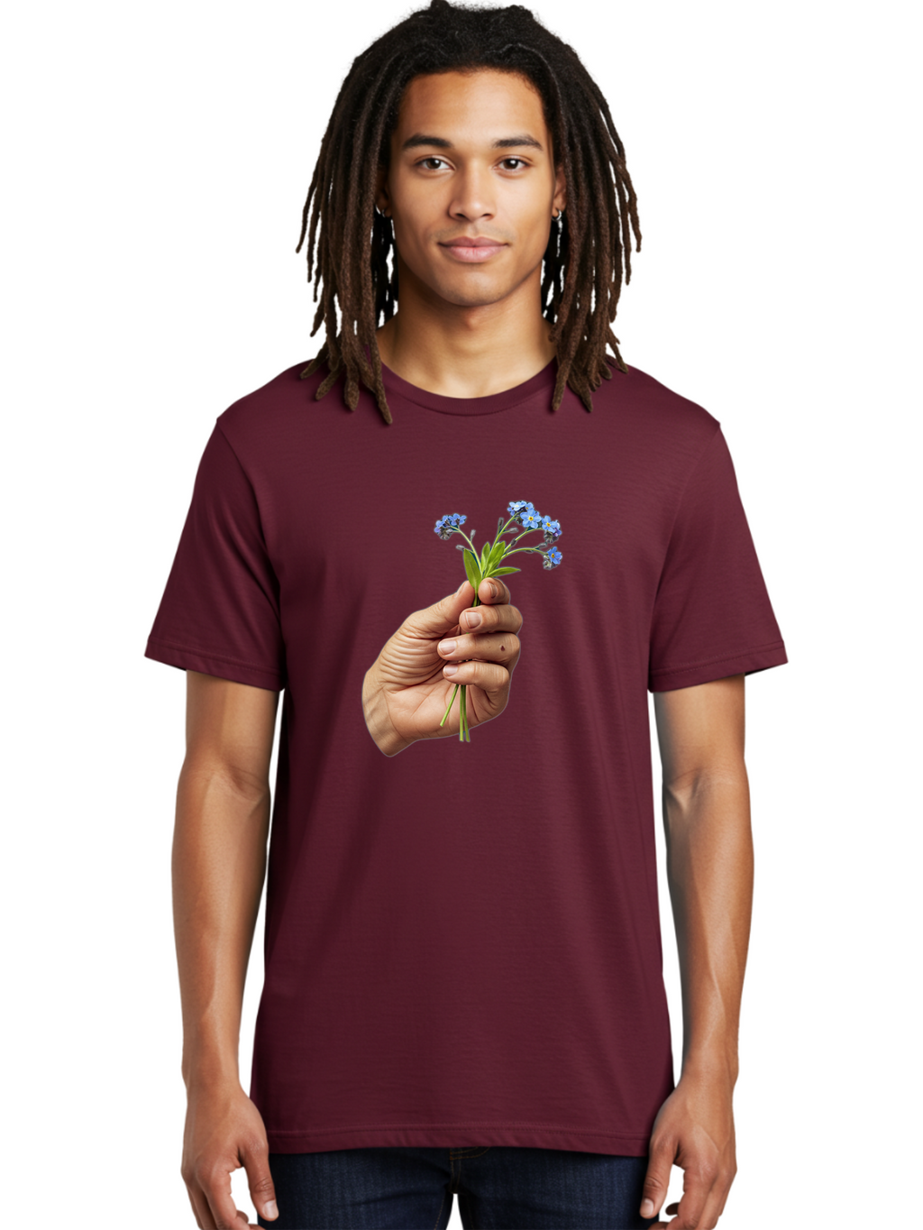 Hand-Holding-Blue-Flowers Men'S Graphic Tee, 100% Cotton, Comfortable Casual Summer Wear, Machine Washable, Vintage Camera, Old Camera, Antique Camera, Black Camera, Classic Photography, Photography Equipment, Nostalgic Device, Film Camera, Bao505