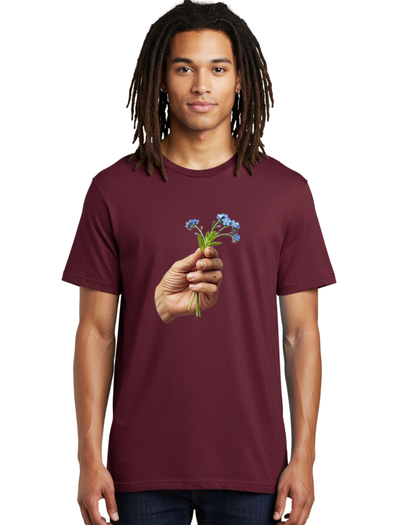 Hand-Holding-Blue-Flowers Men'S Graphic Tee, 100% Cotton, Comfortable Casual Summer Wear, Machine Washable, Vintage Camera, Old Camera, Antique Camera, Black Camera, Classic Photography, Photography Equipment, Nostalgic Device, Film Camera, Bao505