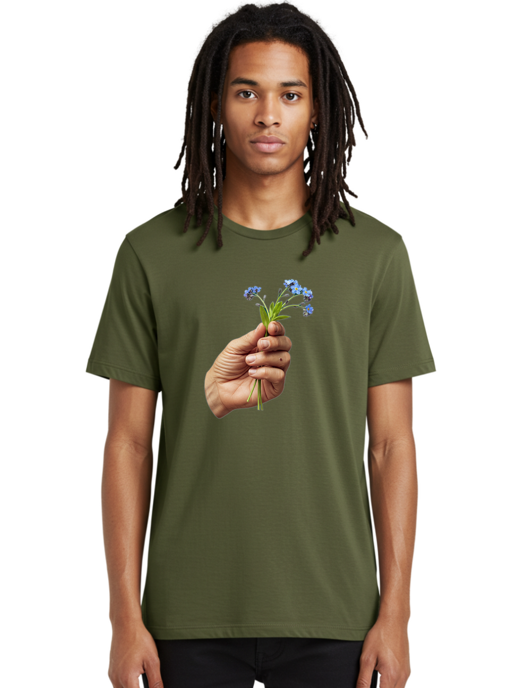 Hand-Holding-Blue-Flowers Men'S Graphic Tee, 100% Cotton, Comfortable Casual Summer Wear, Machine Washable, Vintage Camera, Old Camera, Antique Camera, Black Camera, Classic Photography, Photography Equipment, Nostalgic Device, Film Camera, Bao505