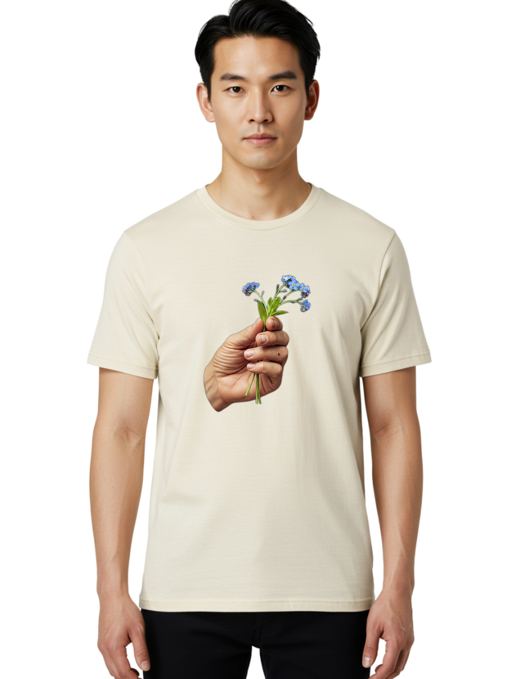 Hand-Holding-Blue-Flowers Men'S Graphic Tee, 100% Cotton, Comfortable Casual Summer Wear, Machine Washable, Vintage Camera, Old Camera, Antique Camera, Black Camera, Classic Photography, Photography Equipment, Nostalgic Device, Film Camera, Bao505