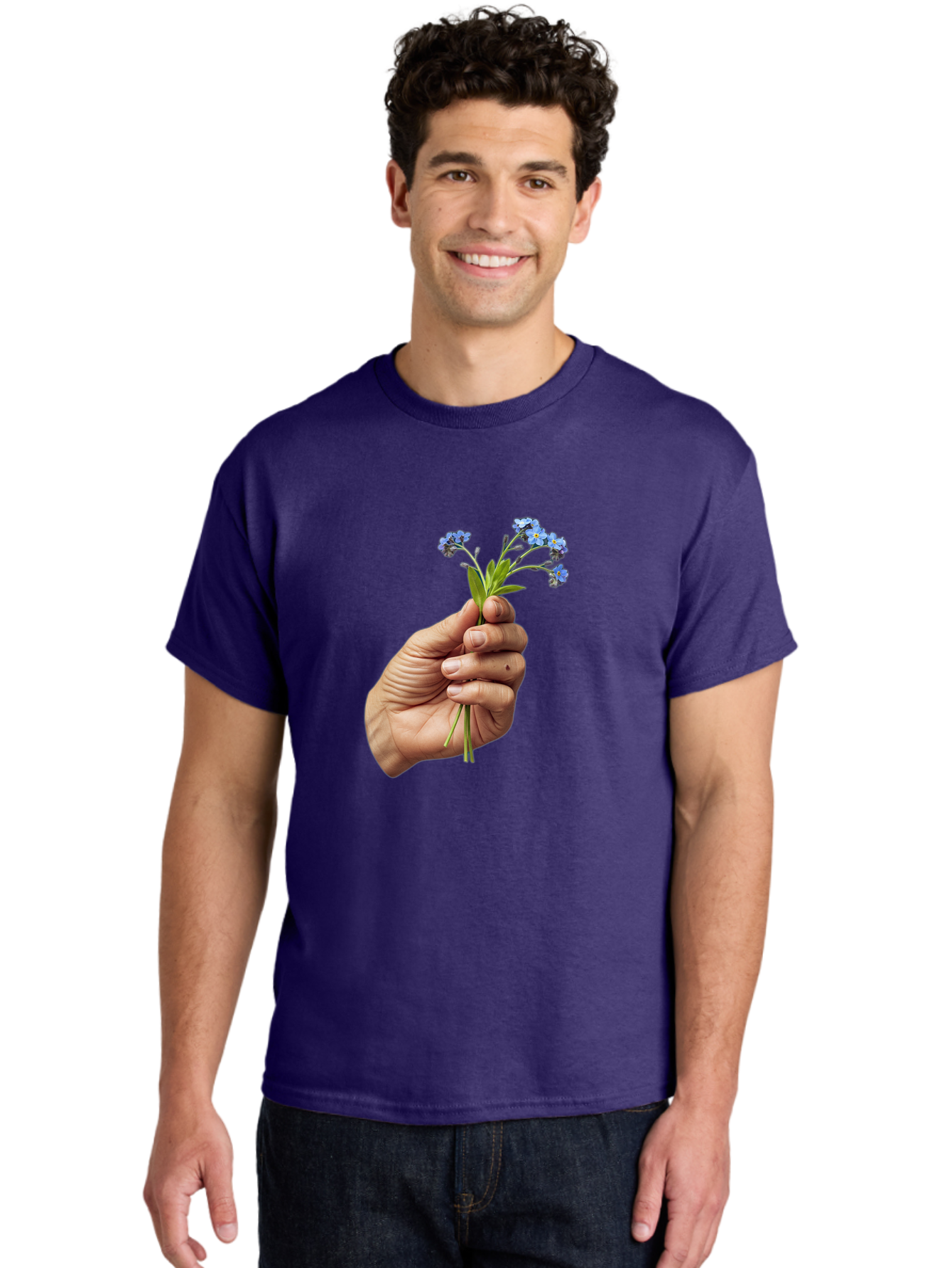 Hand-Holding-Blue-Flowers Men'S Graphic Tee, 100% Cotton, Comfortable Casual Summer Wear, Machine Washable, Vintage Camera, Old Camera, Antique Camera, Black Camera, Classic Photography, Photography Equipment, Nostalgic Device, Film Camera, Bao505