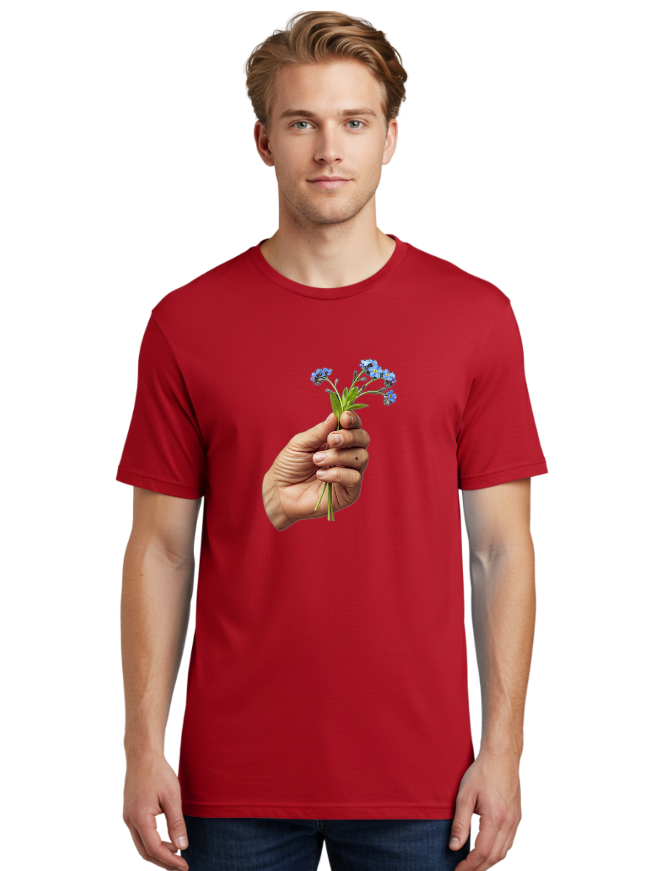 Hand-Holding-Blue-Flowers Men'S Graphic Tee, 100% Cotton, Comfortable Casual Summer Wear, Machine Washable, Vintage Camera, Old Camera, Antique Camera, Black Camera, Classic Photography, Photography Equipment, Nostalgic Device, Film Camera, Bao505