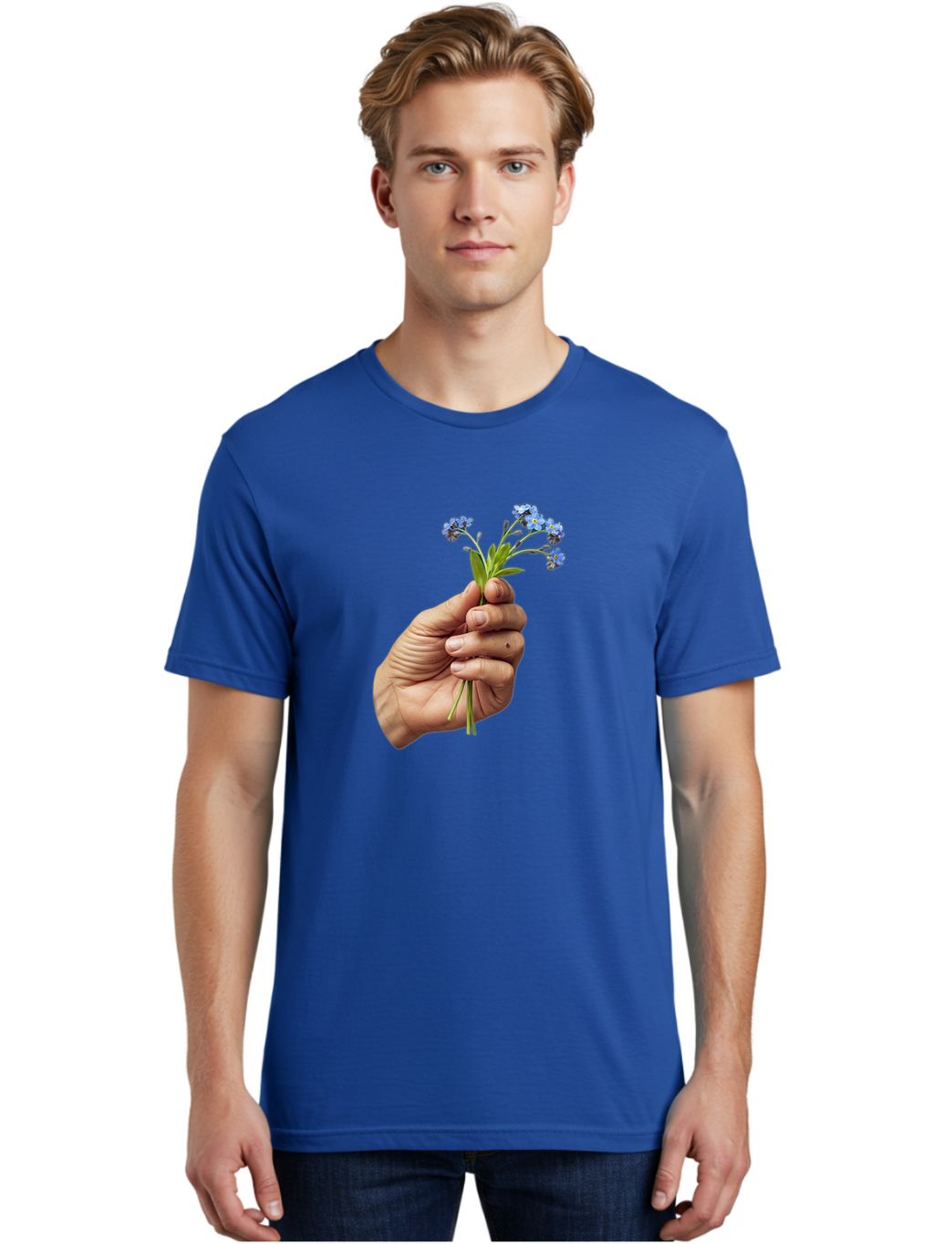 Hand-Holding-Blue-Flowers Men'S Graphic Tee, 100% Cotton, Comfortable Casual Summer Wear, Machine Washable, Vintage Camera, Old Camera, Antique Camera, Black Camera, Classic Photography, Photography Equipment, Nostalgic Device, Film Camera, Bao505