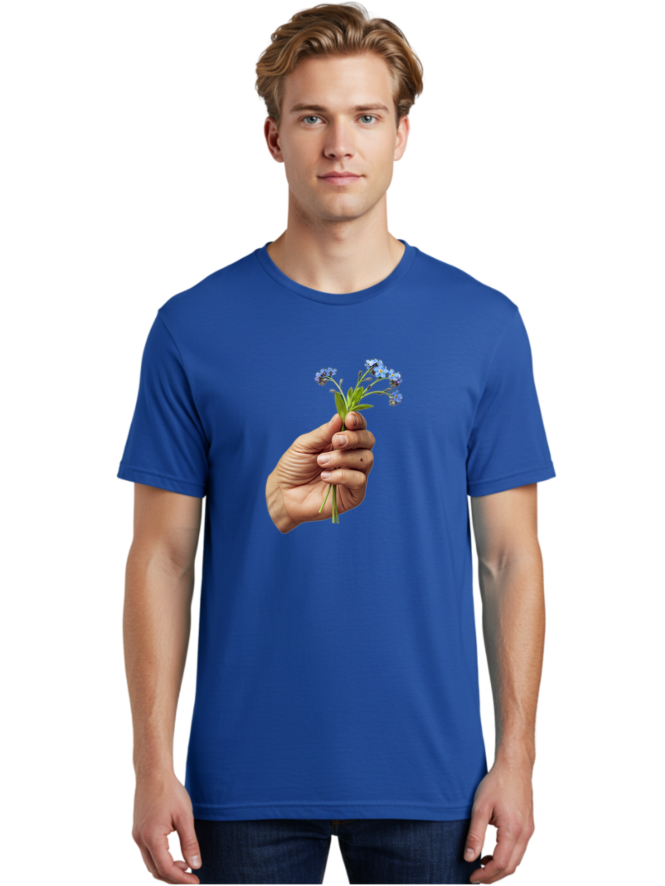 Hand-Holding-Blue-Flowers Men'S Graphic Tee, 100% Cotton, Comfortable Casual Summer Wear, Machine Washable, Vintage Camera, Old Camera, Antique Camera, Black Camera, Classic Photography, Photography Equipment, Nostalgic Device, Film Camera, Bao505
