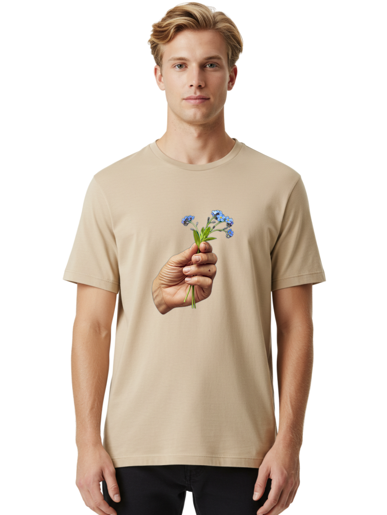 Hand-Holding-Blue-Flowers Men'S Graphic Tee, 100% Cotton, Comfortable Casual Summer Wear, Machine Washable, Vintage Camera, Old Camera, Antique Camera, Black Camera, Classic Photography, Photography Equipment, Nostalgic Device, Film Camera, Bao505