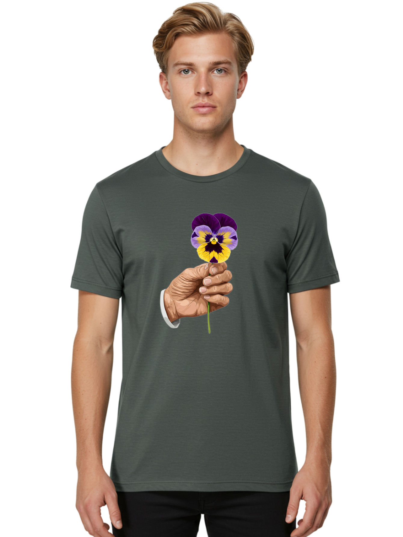 Hand-Holding-Pansy Men'S Graphic Tee, 100% Cotton, Comfortable Casual Summer Wear, Machine Washable, Vintage Camera, Old Camera, Antique Camera, Black Camera, Classic Photography, Photography Equipment, Nostalgic Device, Film Camera, Bao507