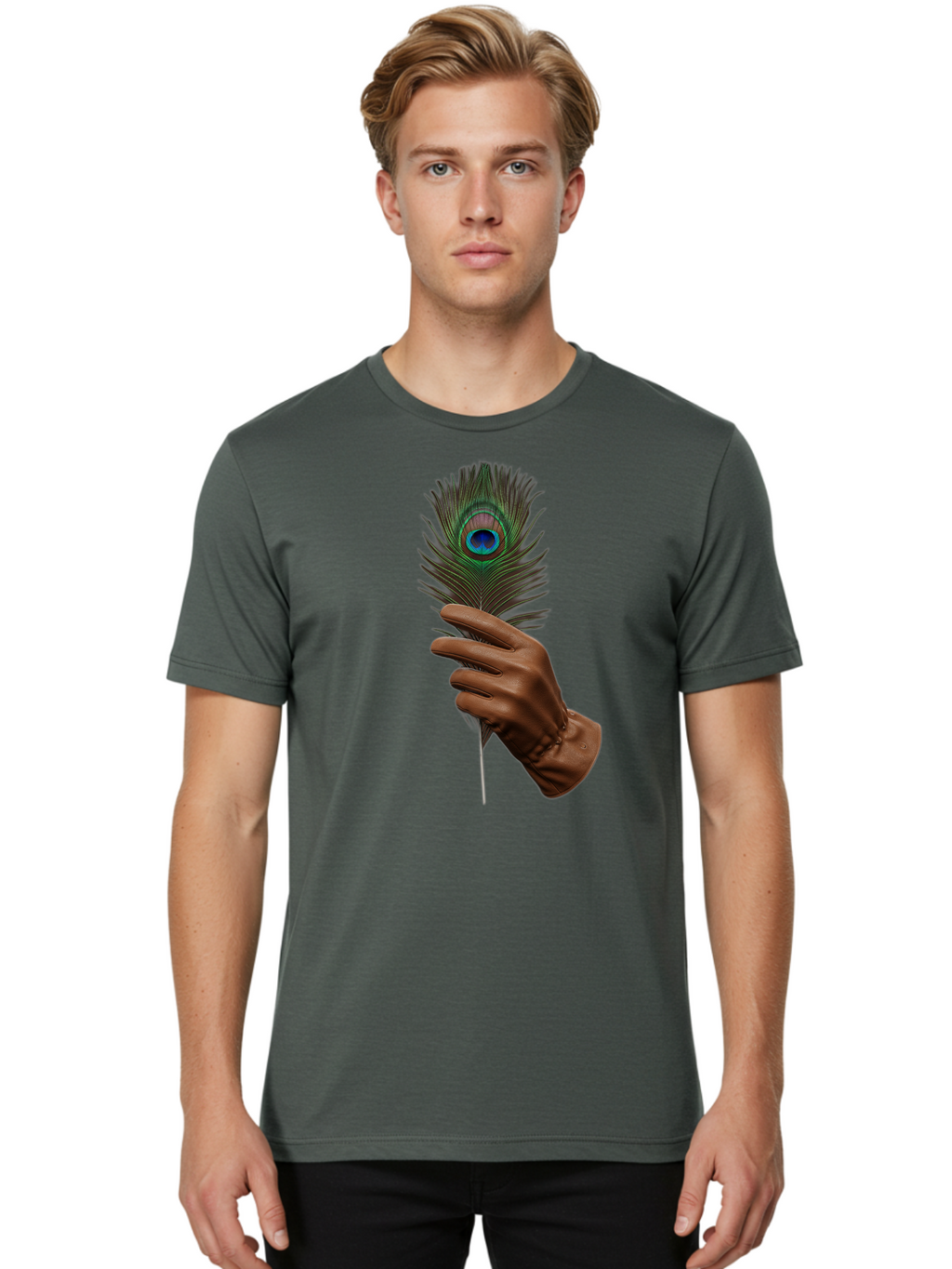 Hand-Holding-Peacock-Feather Men'S Graphic Tee, 100% Cotton, Comfortable Casual Summer Wear, Machine Washable, Vintage Camera, Old Camera, Antique Camera, Black Camera, Classic Photography, Photography Equipment, Nostalgic Device, Film Camera, Bao508