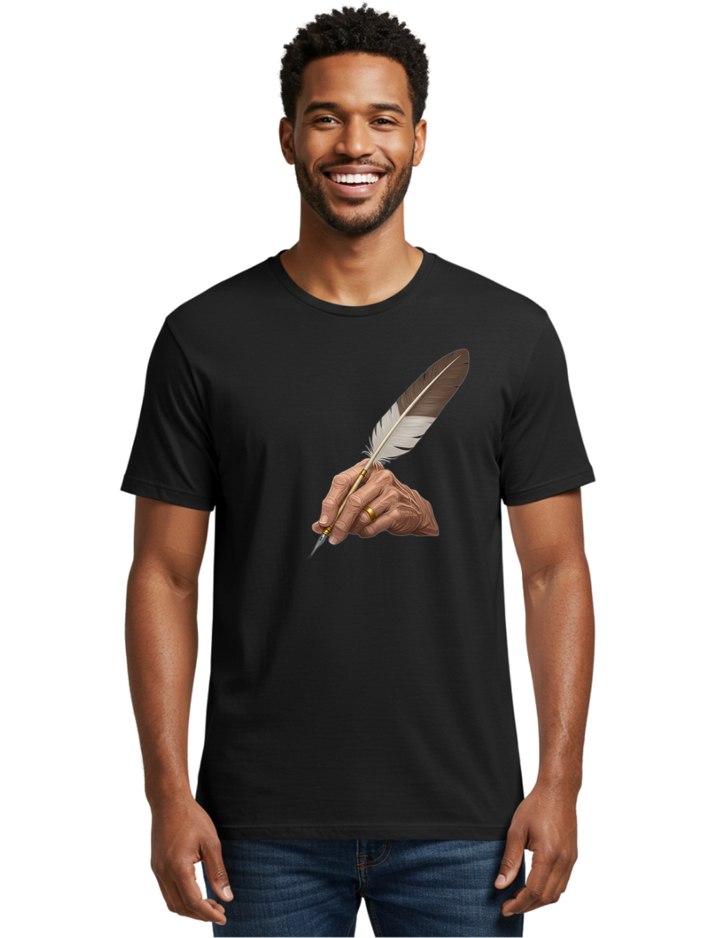 Hand-Holding-Quill-Pen Men'S Graphic Tee, 100% Cotton, Comfortable Casual Summer Wear, Machine Washable, Vintage Camera, Old Camera, Antique Camera, Black Camera, Classic Photography, Photography Equipment, Nostalgic Device, Film Camera, Bao510
