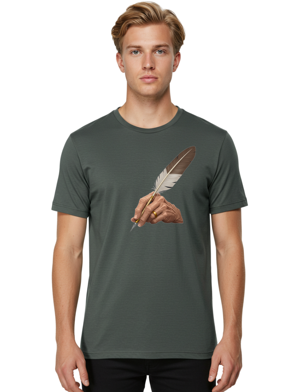 Hand-Holding-Quill-Pen Men'S Graphic Tee, 100% Cotton, Comfortable Casual Summer Wear, Machine Washable, Vintage Camera, Old Camera, Antique Camera, Black Camera, Classic Photography, Photography Equipment, Nostalgic Device, Film Camera, Bao510