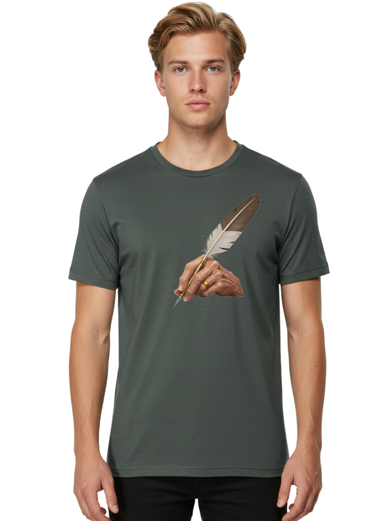 Hand-Holding-Quill-Pen Men'S Graphic Tee, 100% Cotton, Comfortable Casual Summer Wear, Machine Washable, Vintage Camera, Old Camera, Antique Camera, Black Camera, Classic Photography, Photography Equipment, Nostalgic Device, Film Camera, Bao510