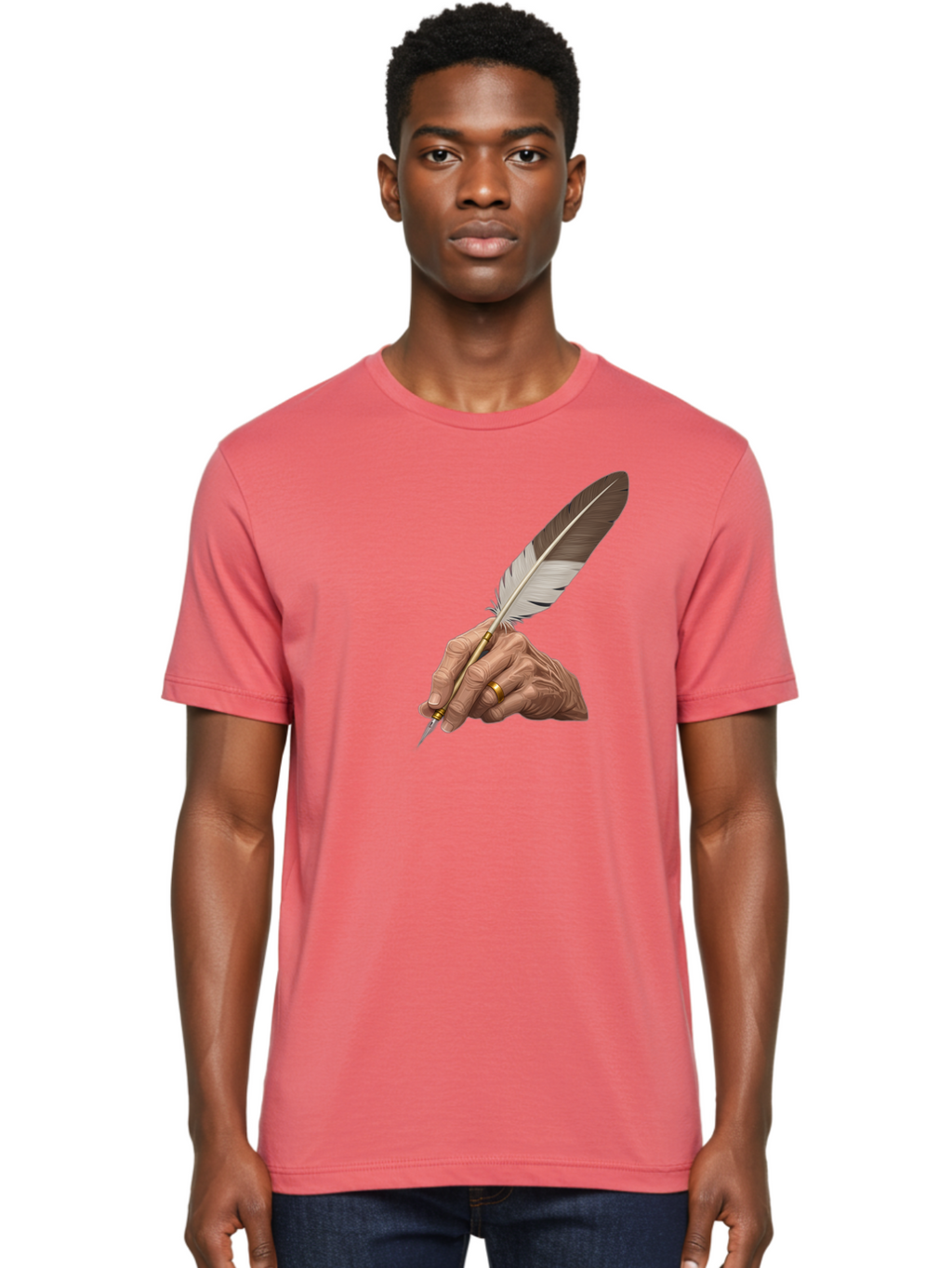 Hand-Holding-Quill-Pen Men'S Graphic Tee, 100% Cotton, Comfortable Casual Summer Wear, Machine Washable, Vintage Camera, Old Camera, Antique Camera, Black Camera, Classic Photography, Photography Equipment, Nostalgic Device, Film Camera, Bao510