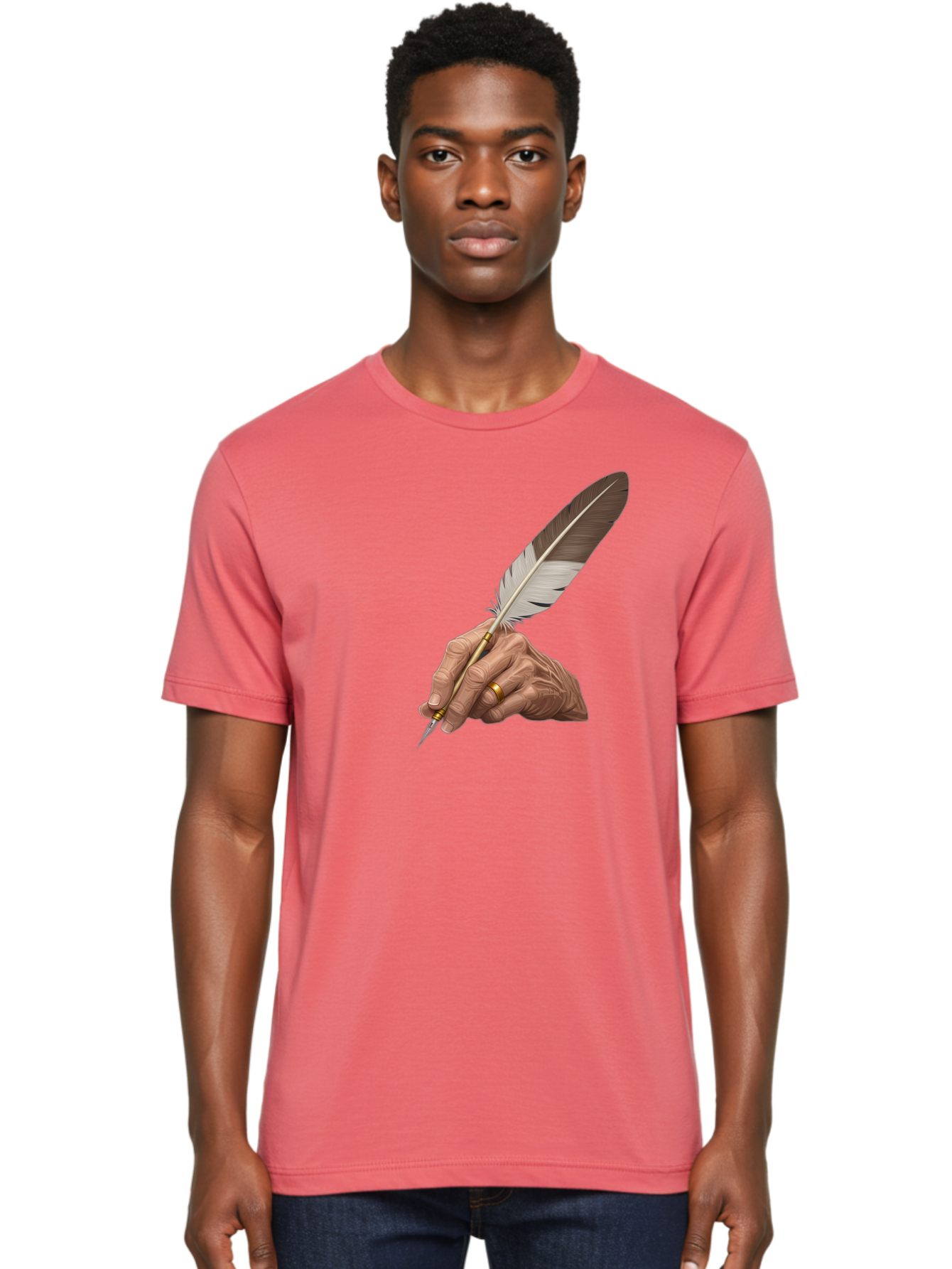 Hand-Holding-Quill-Pen Men'S Graphic Tee, 100% Cotton, Comfortable Casual Summer Wear, Machine Washable, Vintage Camera, Old Camera, Antique Camera, Black Camera, Classic Photography, Photography Equipment, Nostalgic Device, Film Camera, Bao510