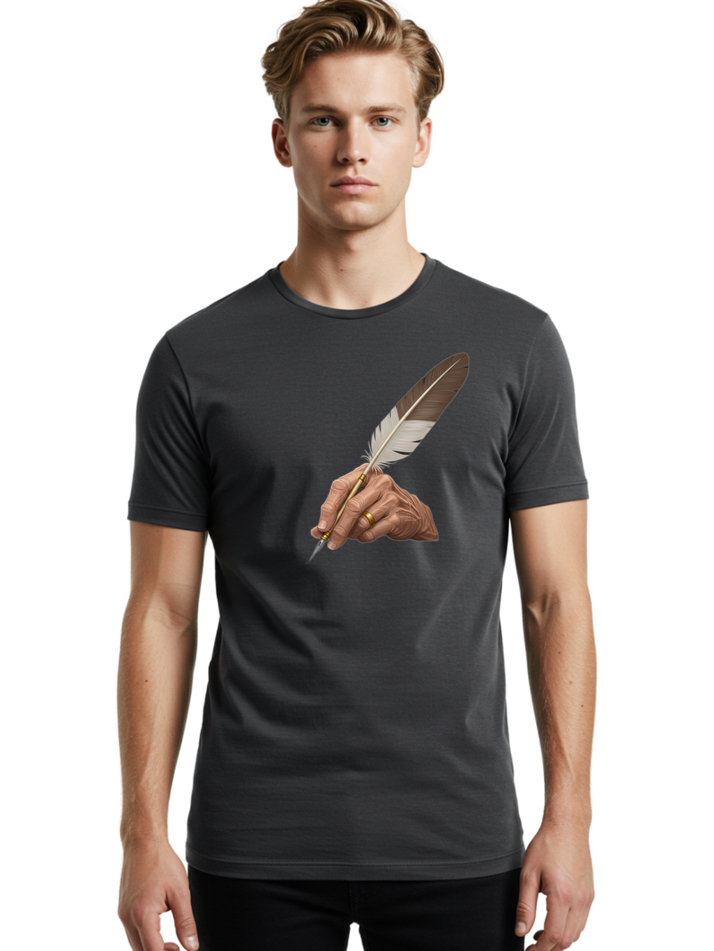 Hand-Holding-Quill-Pen Men'S Graphic Tee, 100% Cotton, Comfortable Casual Summer Wear, Machine Washable, Vintage Camera, Old Camera, Antique Camera, Black Camera, Classic Photography, Photography Equipment, Nostalgic Device, Film Camera, Bao510
