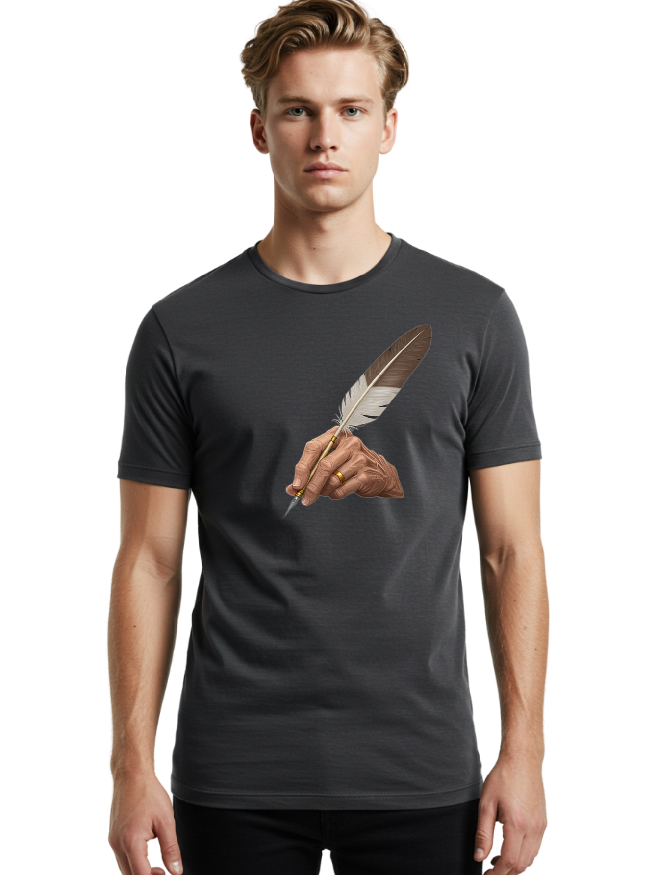 Hand-Holding-Quill-Pen Men'S Graphic Tee, 100% Cotton, Comfortable Casual Summer Wear, Machine Washable, Vintage Camera, Old Camera, Antique Camera, Black Camera, Classic Photography, Photography Equipment, Nostalgic Device, Film Camera, Bao510