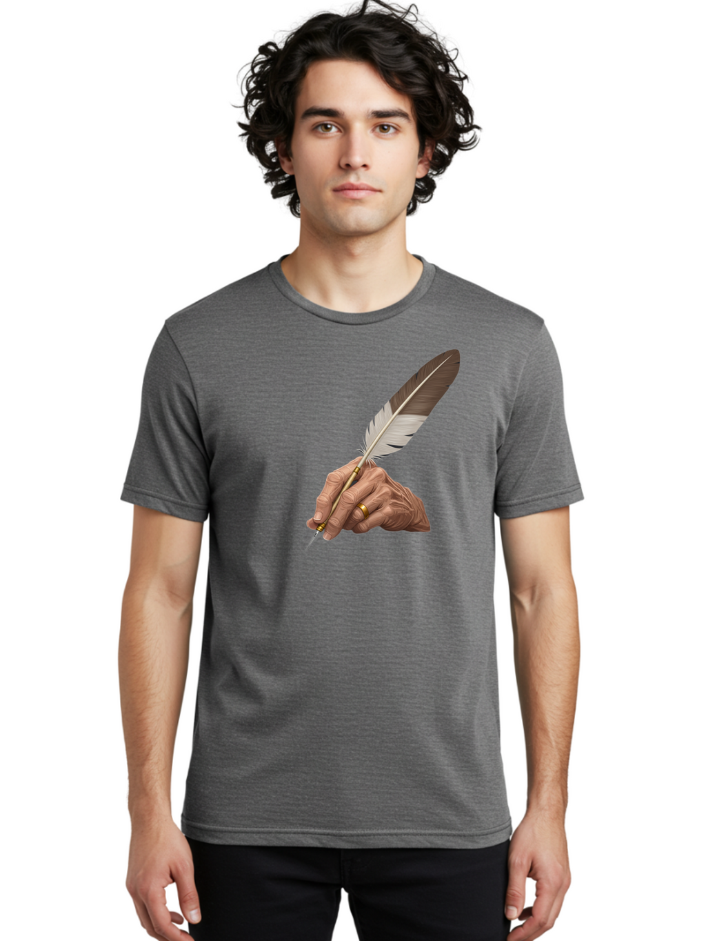 Hand-Holding-Quill-Pen Men'S Graphic Tee, 100% Cotton, Comfortable Casual Summer Wear, Machine Washable, Vintage Camera, Old Camera, Antique Camera, Black Camera, Classic Photography, Photography Equipment, Nostalgic Device, Film Camera, Bao510