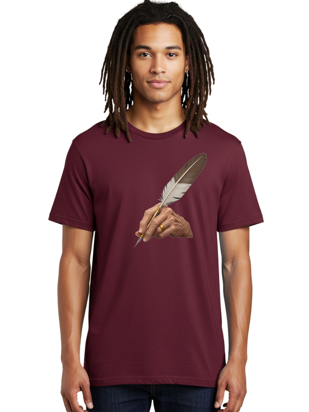 Hand-Holding-Quill-Pen Men'S Graphic Tee, 100% Cotton, Comfortable Casual Summer Wear, Machine Washable, Vintage Camera, Old Camera, Antique Camera, Black Camera, Classic Photography, Photography Equipment, Nostalgic Device, Film Camera, Bao510