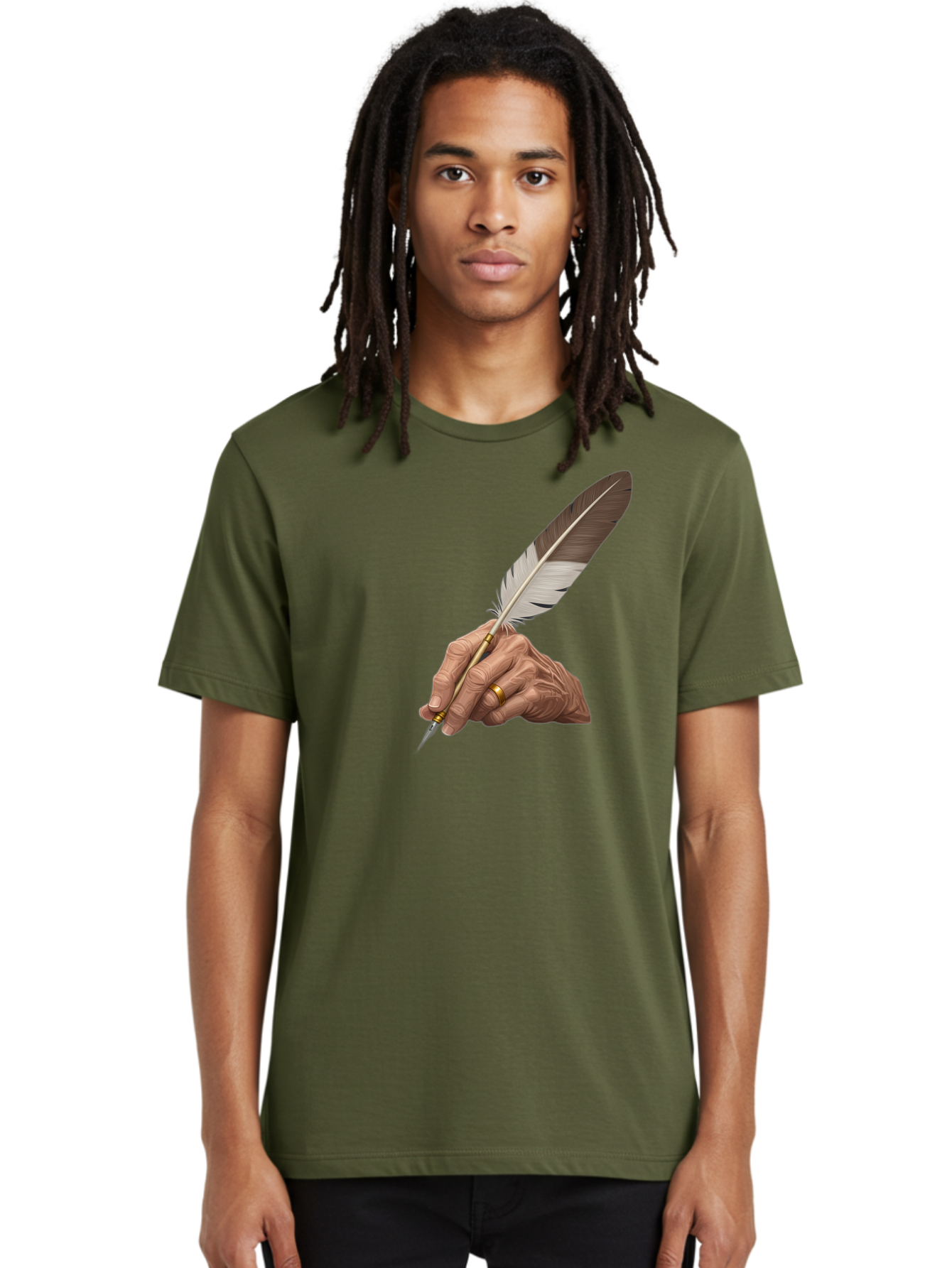 Hand-Holding-Quill-Pen Men'S Graphic Tee, 100% Cotton, Comfortable Casual Summer Wear, Machine Washable, Vintage Camera, Old Camera, Antique Camera, Black Camera, Classic Photography, Photography Equipment, Nostalgic Device, Film Camera, Bao510