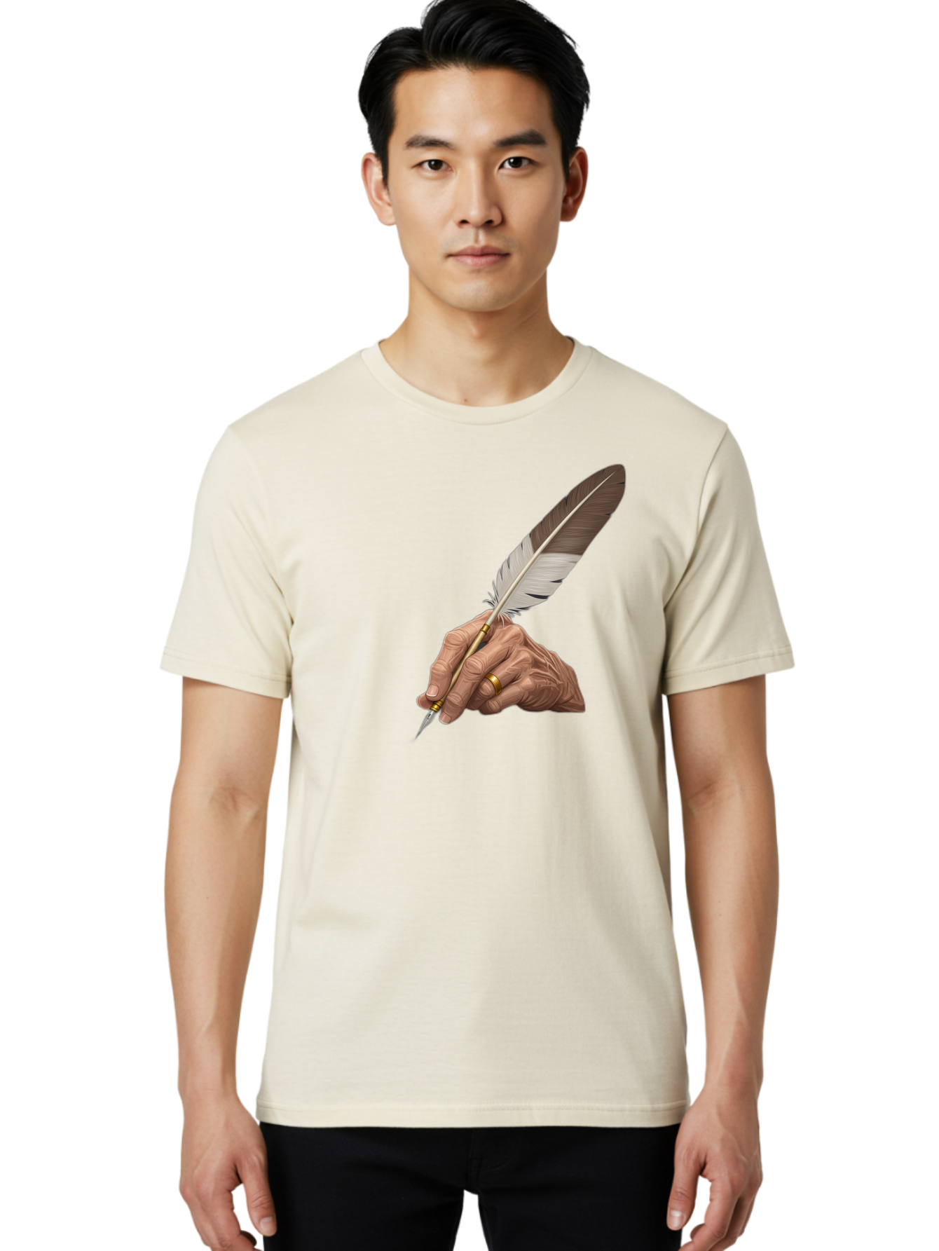 Hand-Holding-Quill-Pen Men'S Graphic Tee, 100% Cotton, Comfortable Casual Summer Wear, Machine Washable, Vintage Camera, Old Camera, Antique Camera, Black Camera, Classic Photography, Photography Equipment, Nostalgic Device, Film Camera, Bao510