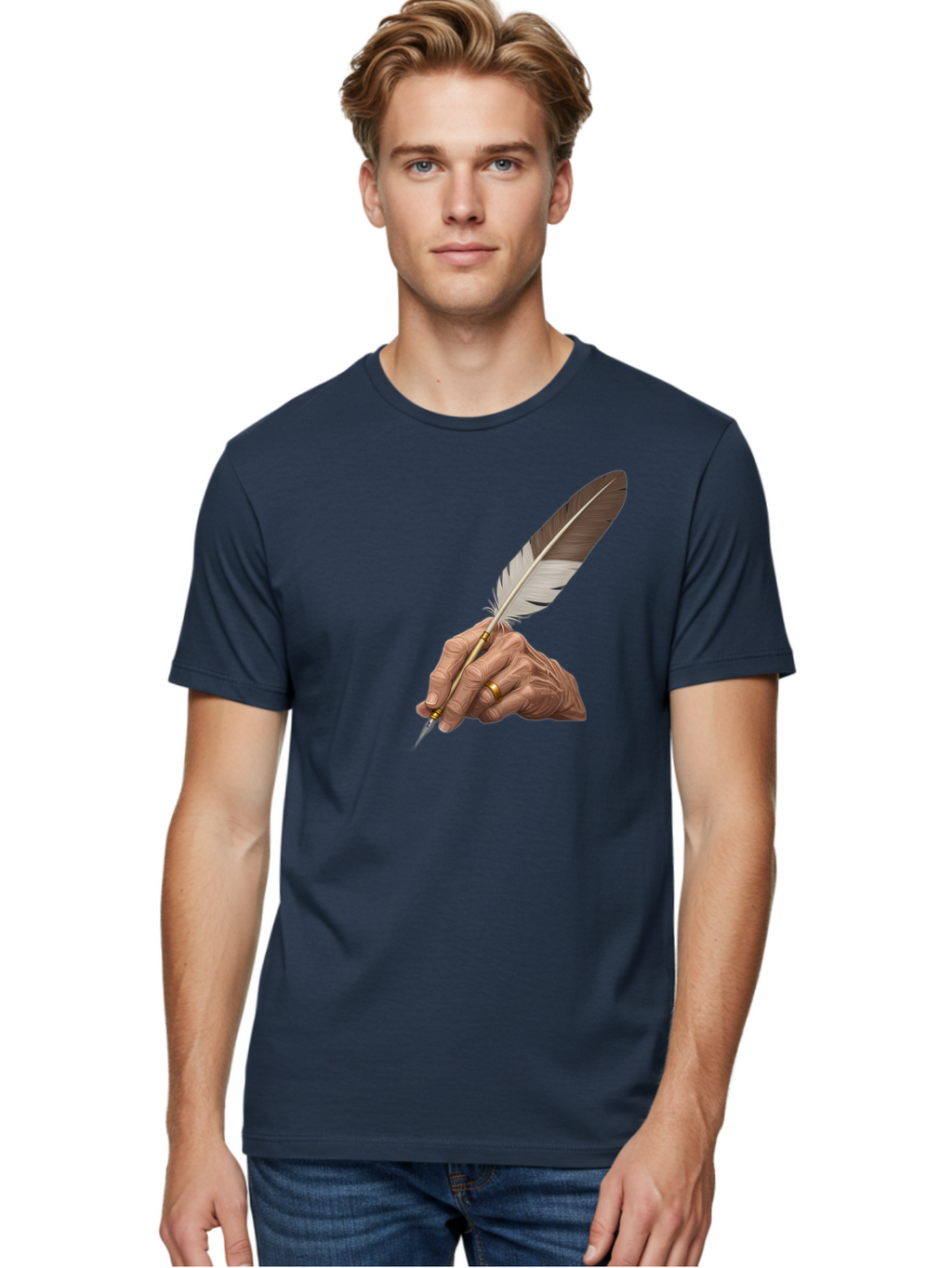 Hand-Holding-Quill-Pen Men'S Graphic Tee, 100% Cotton, Comfortable Casual Summer Wear, Machine Washable, Vintage Camera, Old Camera, Antique Camera, Black Camera, Classic Photography, Photography Equipment, Nostalgic Device, Film Camera, Bao510